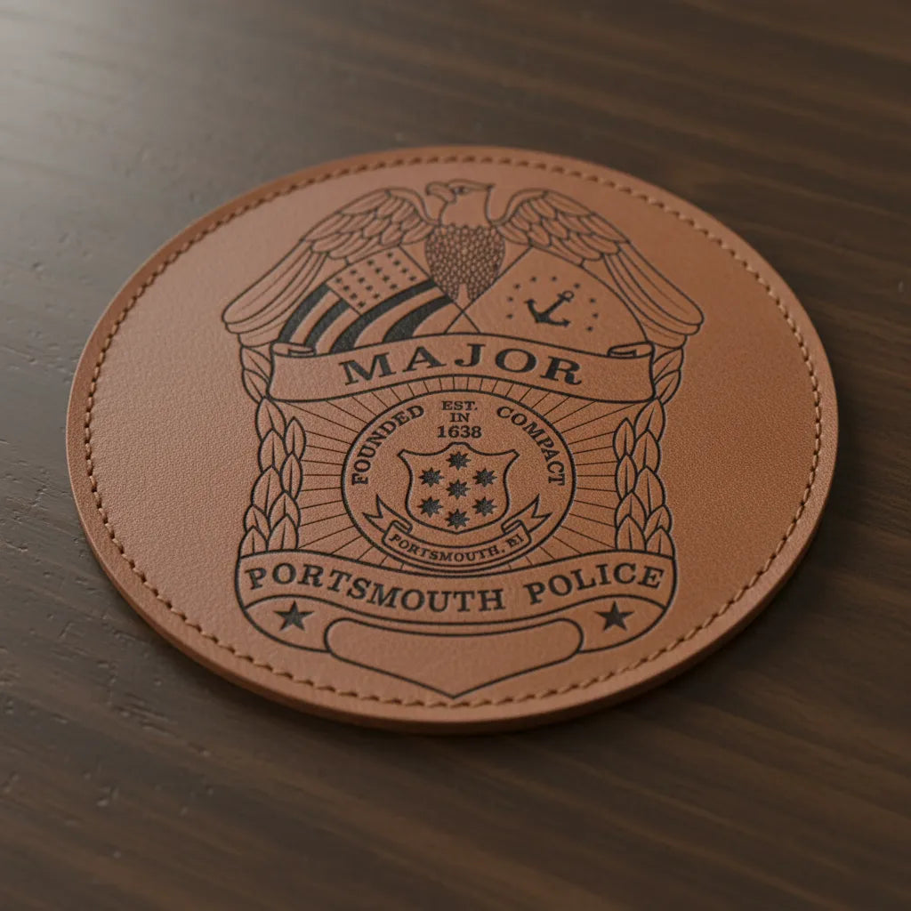Leather patch with engraved Portsmouth Police insignia on a wooden surface