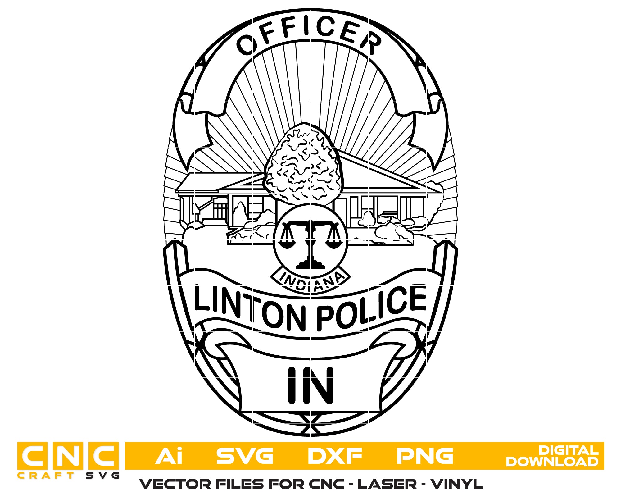 Linton Police Officer Badge SVG

Indiana Law Enforcement Vector Design

Eagle and Flags Police Badge Engraving File

Linton IN Police Sign CNC File

State of Indiana Seal Vector for Lasers