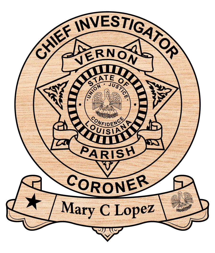 Vernon Parish Coroner Chief Investigator Badge SVG
Louisiana Coroner Badge Vector Design
Chief Investigator Badge Louisiana Plaque
Louisiana Law Enforcement Badge for Engraving
Vernon Parish Medical Examiner Badge SVG