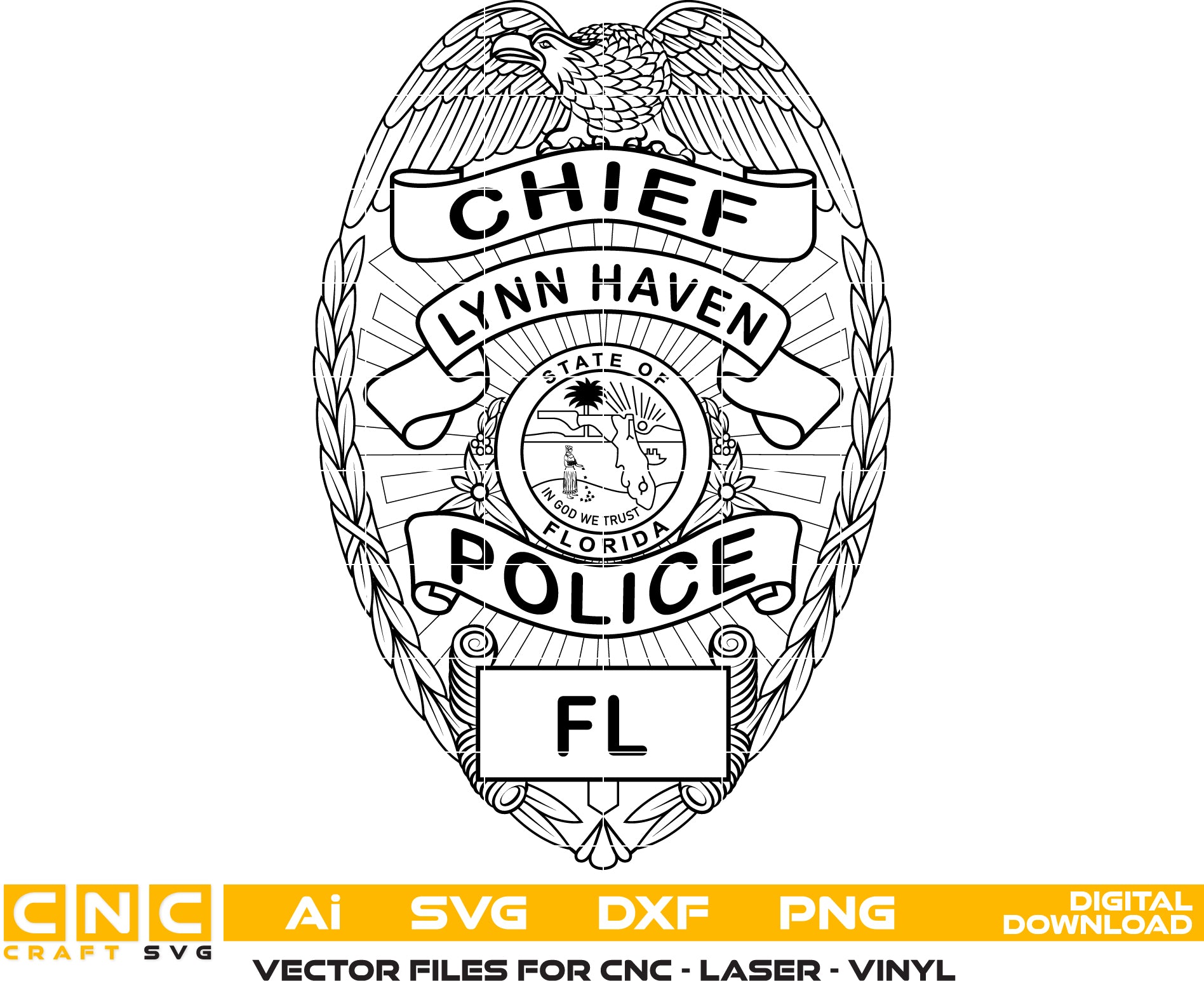 Lynn Haven FL Police Chief Badge SVG

Florida Law Enforcement Shield Vector

State of Florida Seal Engraving File

Eagle Topped Police Badge Sign CNC File

Police Chief Shield Vector for Lasers