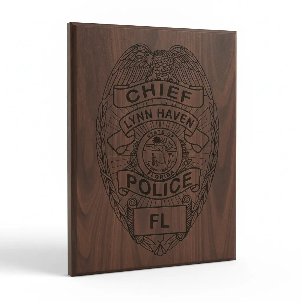 Lynn Haven FL Police Chief Badge SVG

Florida Law Enforcement Shield Vector

State of Florida Seal Engraving File

Eagle Topped Police Badge Sign CNC File

Police Chief Shield Vector for Lasers
