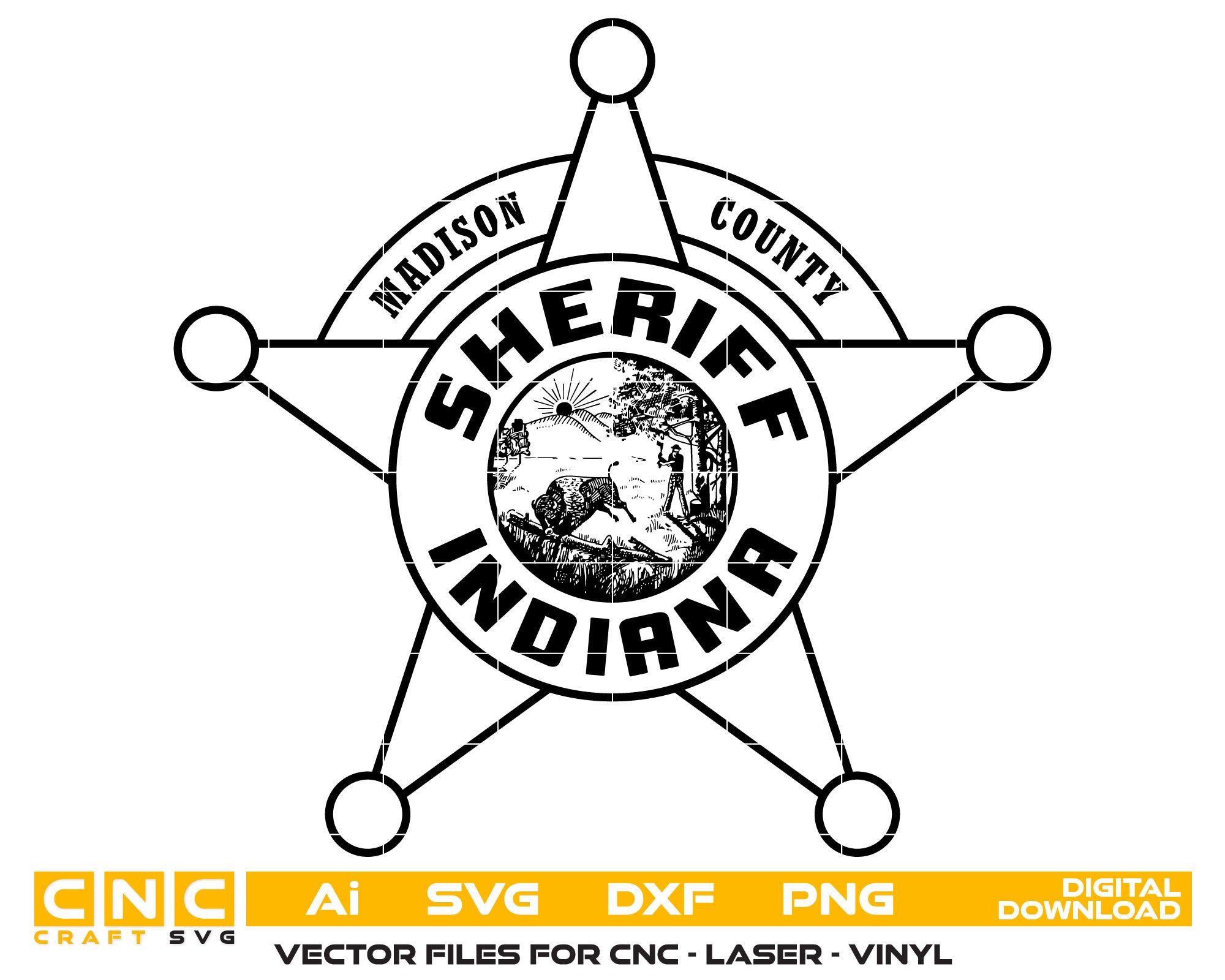 Madison County Sheriff Badge SVG

Indiana Sheriff Star Vector Design

Madison County Indiana Police Emblem

Law Enforcement Star Badge for Engraving

Indiana State Seal Sheriff Logo CNC File