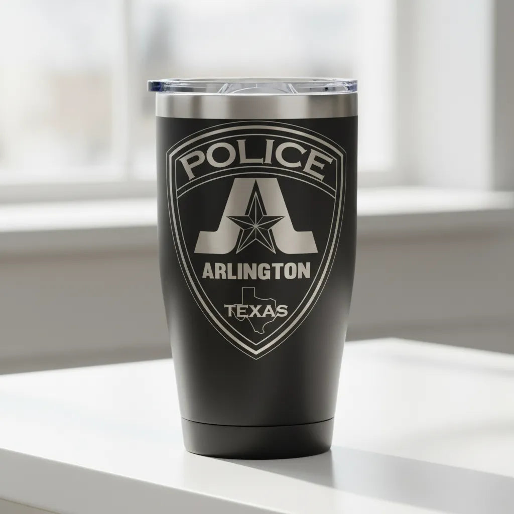 High-detail vector line art of the "Texas Arlington Police Badge.jpg" featuring a shield badge with a large stylized letter A, a lone star, and the Texas state map.