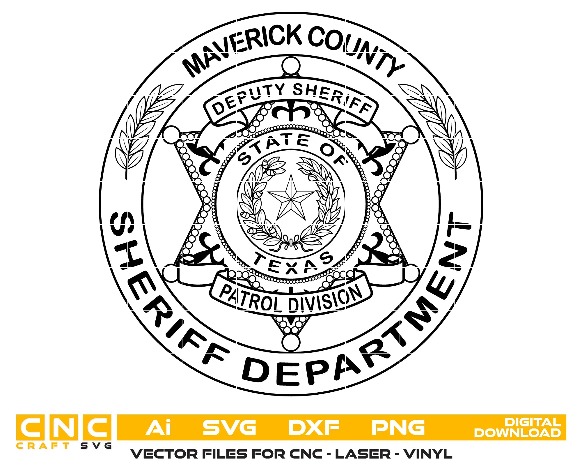 Maverick County Sheriff Badge SVG

Texas Law Enforcement Vector Design

Deputy Sheriff Patrol Division Engraving File

Maverick County TX Sign CNC File

State of Texas Seal Vector for Laser Cutting