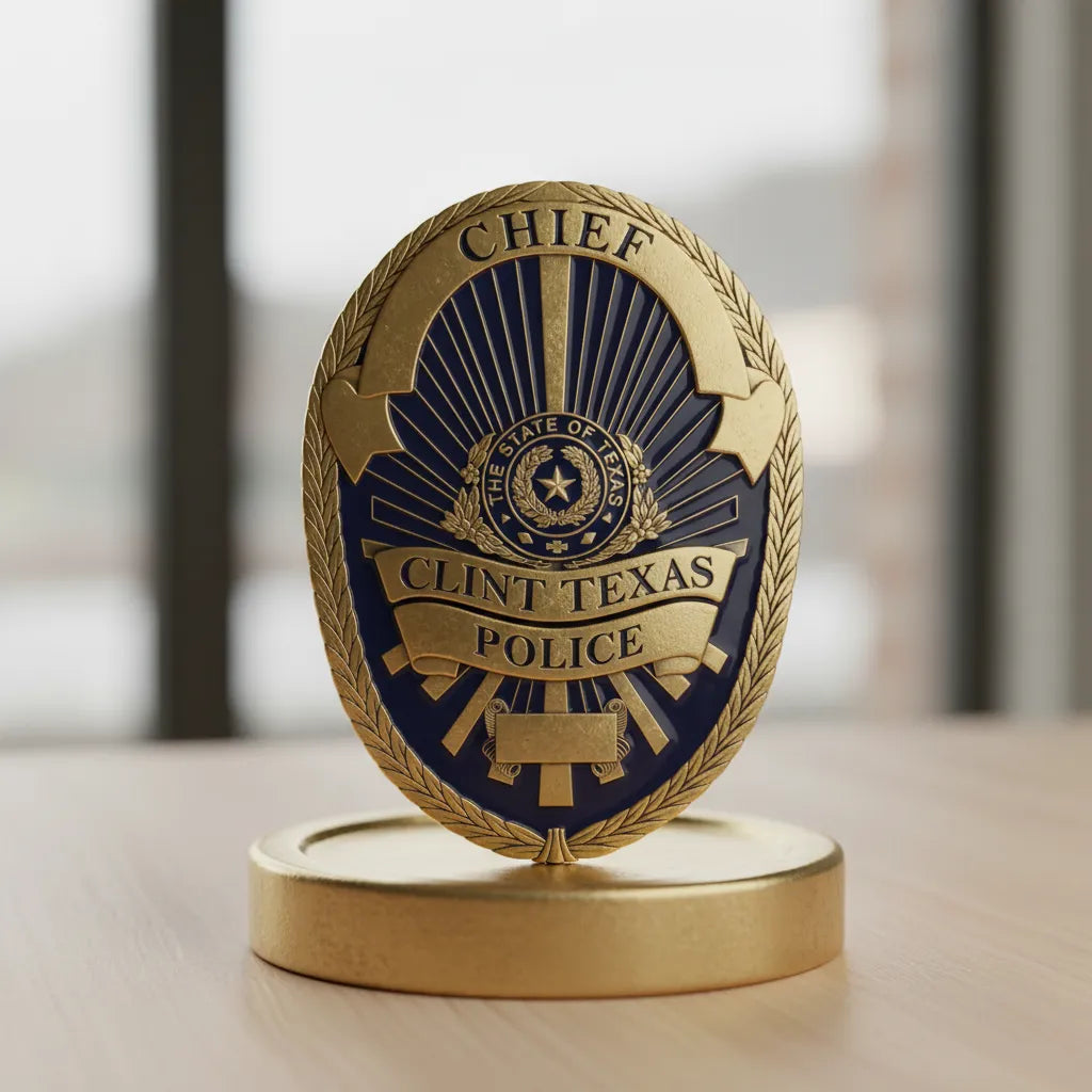 Clint Texas Police Chief Badge SVG

Texas Law Enforcement Vector Design

Police Chief Badge Engraving File

Clint Police Sign CNC File

Oval Sunburst Badge Vector for Laser Cutting