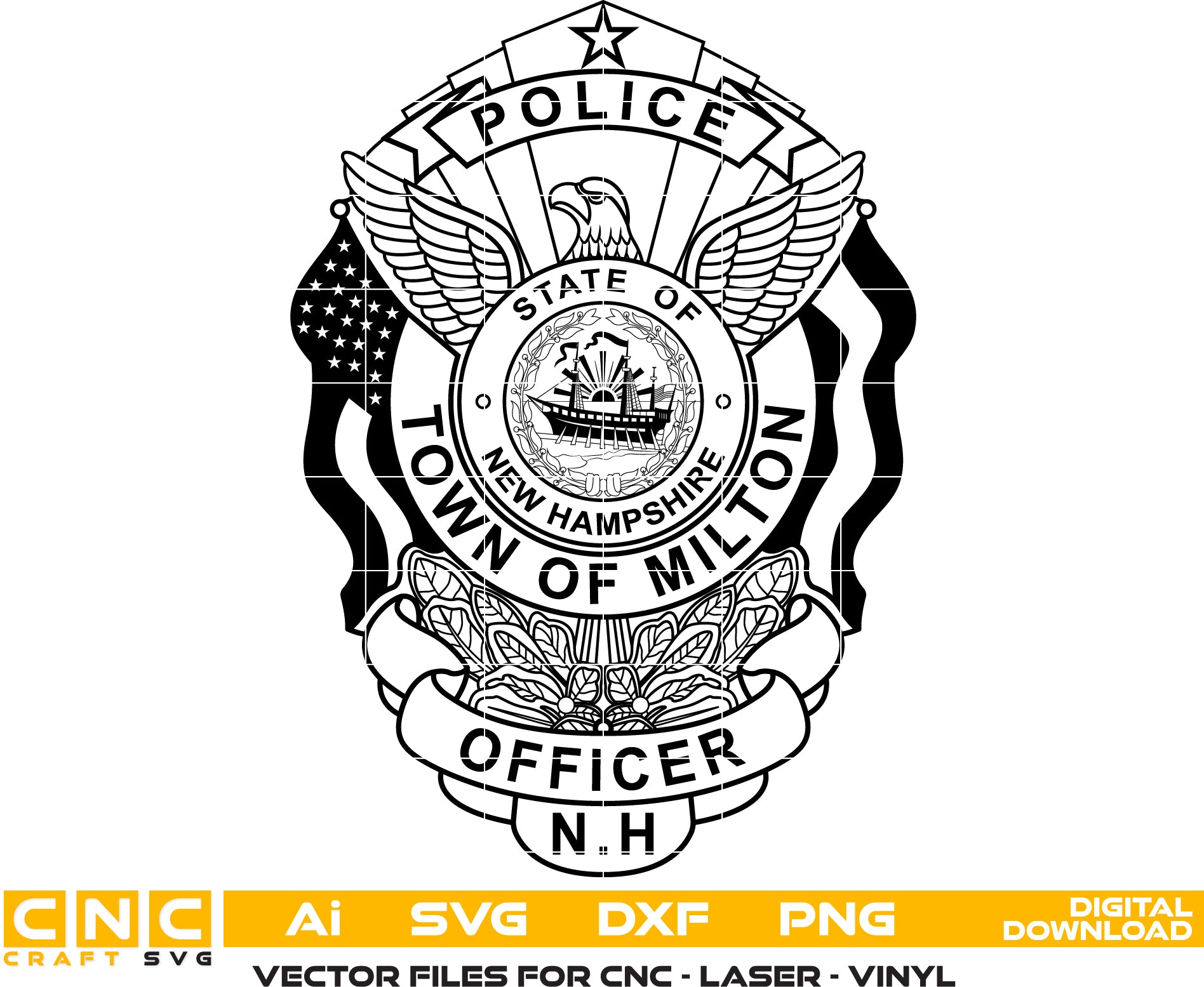 Milton NH Police Officer Badge SVG

New Hampshire Law Enforcement Shield Vector

State of NH Seal Engraving File

American Flag Police Badge Sign CNC File

Police Officer Shield Vector for Lasers