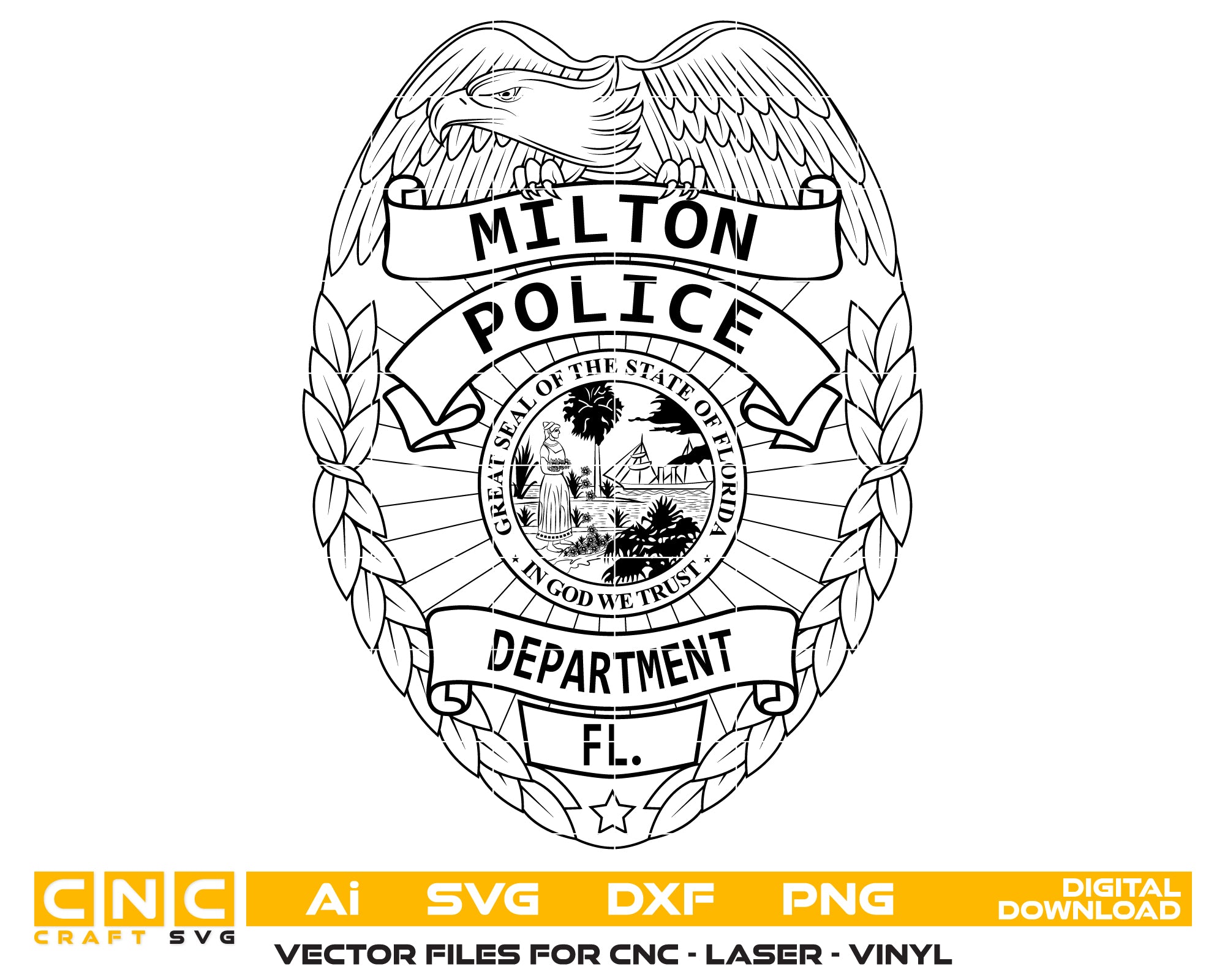 Milton Police Department Badge SVG

Florida Law Enforcement Vector

Milton Police Shield Emblem

Officer Plaque Engraving File

Police Badge Sign CNC File