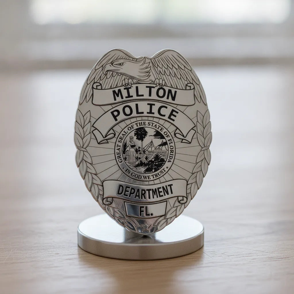 Milton Police Department Badge SVG

Florida Law Enforcement Vector

Milton Police Shield Emblem

Officer Plaque Engraving File

Police Badge Sign CNC File