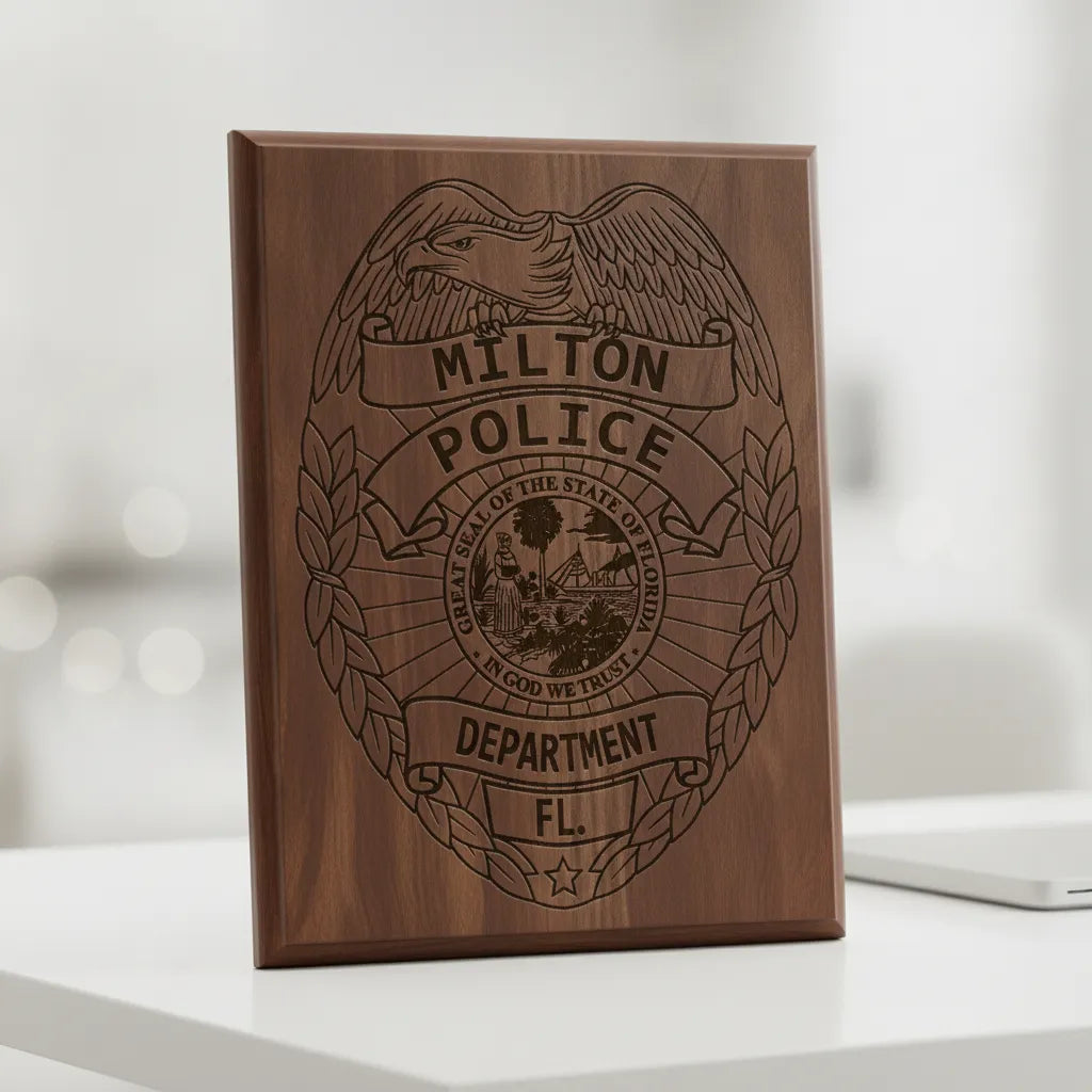Milton Police Department Badge SVG

Florida Law Enforcement Vector

Milton Police Shield Emblem

Officer Plaque Engraving File

Police Badge Sign CNC File