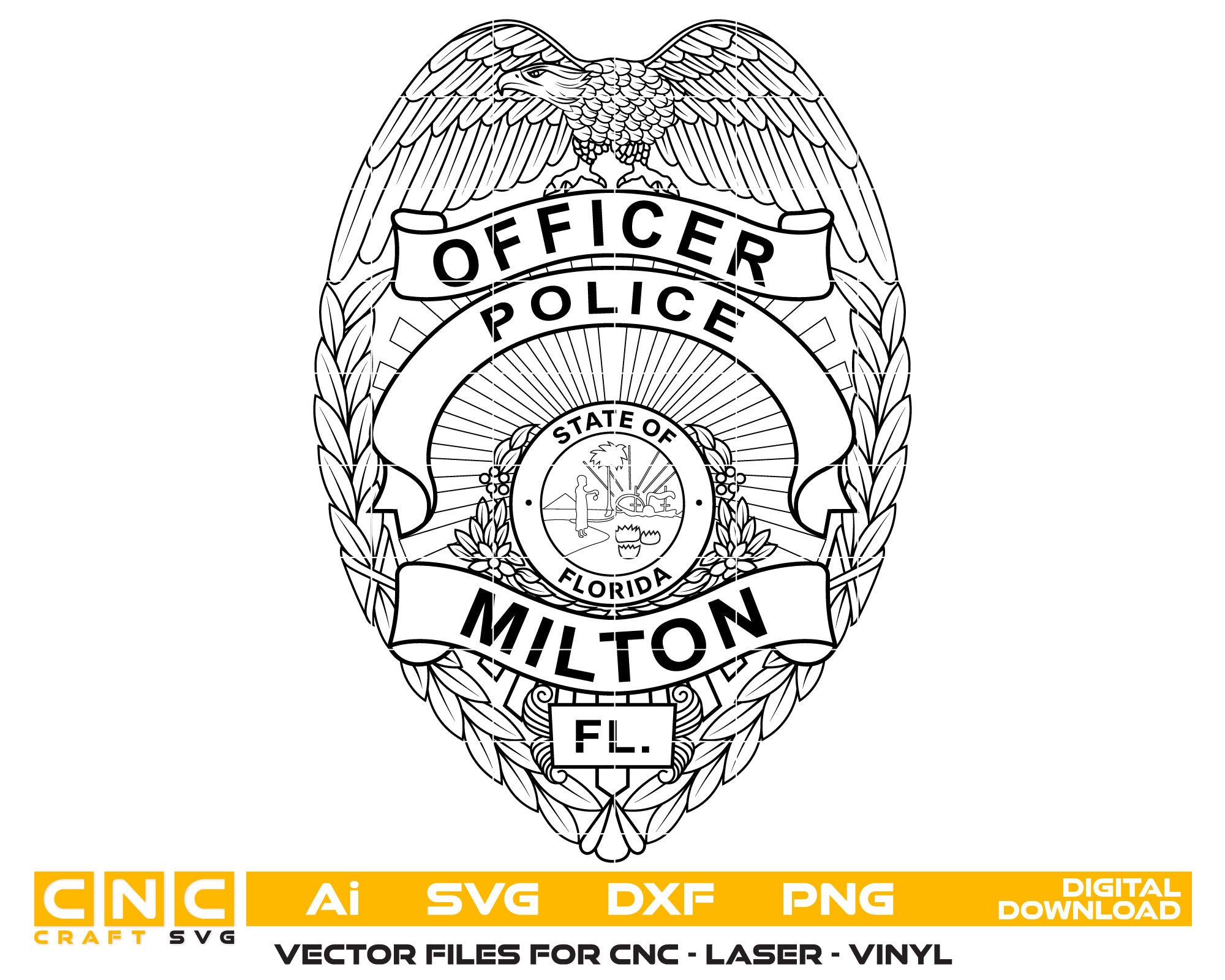 Milton Police Officer Badge SVG

Florida Law Enforcement Vector

Police Eagle Shield State Seal

Officer Plaque Engraving File

Milton Police Sign CNC File