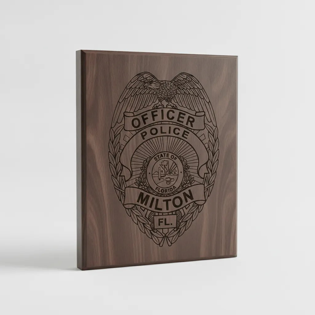 Milton Police Officer Badge SVG

Florida Law Enforcement Vector

Police Eagle Shield State Seal

Officer Plaque Engraving File

Milton Police Sign CNC File