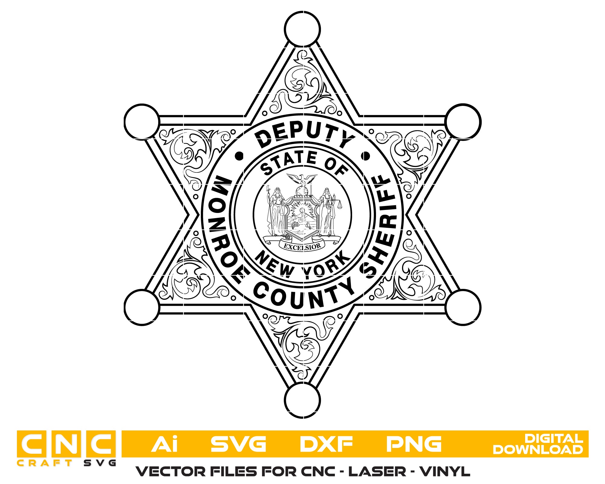 Monroe County Deputy Sheriff Badge SVG

New York Law Enforcement Vector

6-Point Star Excelsior Seal Emblem

Deputy Plaque Engraving File

Monroe County Sheriff Sign CNC File