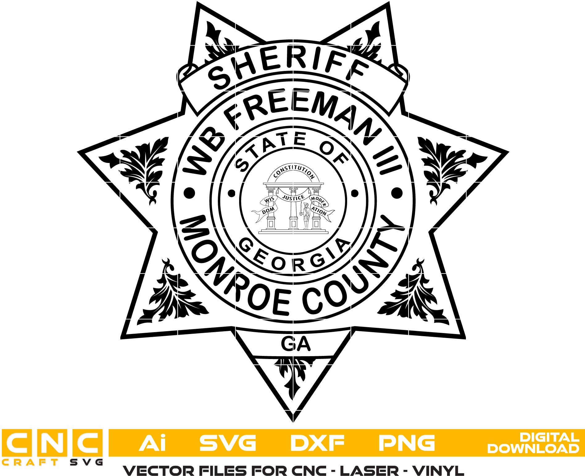 Monroe County GA Sheriff Badge SVG

Georgia Law Enforcement 7 Point Star Vector

State of Georgia Arch Seal Engraving File

Monroe County Sheriff Sign CNC File

Custom Name Sheriff Badge Vector for Lasers