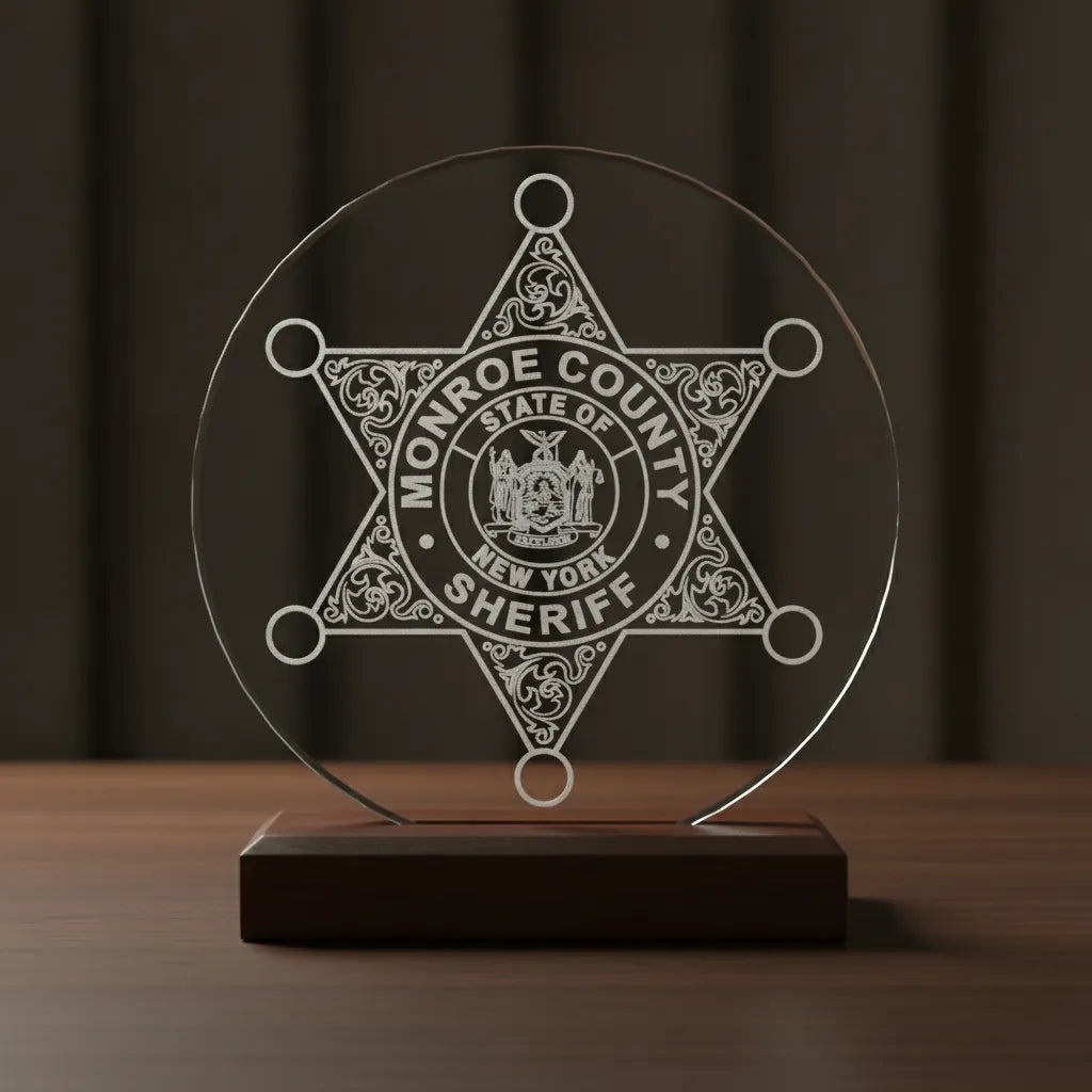 Monroe County Sheriff Badge SVG

New York Law Enforcement Vector

6-Point Star Excelsior Seal Emblem

Sheriff Plaque Engraving File

Monroe County Sheriff Sign CNC File