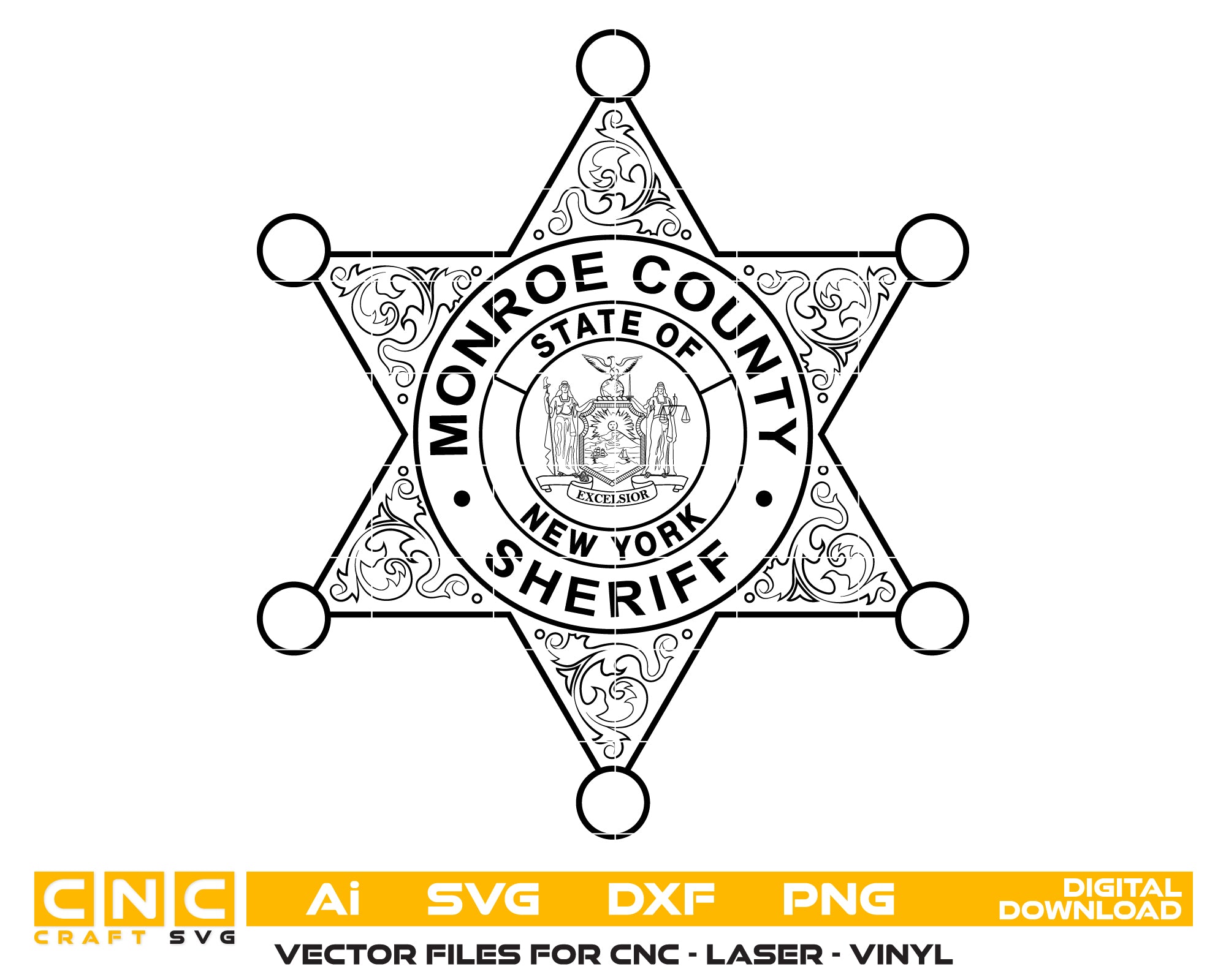 Monroe County Sheriff Badge SVG

New York Law Enforcement Vector

6-Point Star Excelsior Seal Emblem

Sheriff Plaque Engraving File

Monroe County Sheriff Sign CNC File