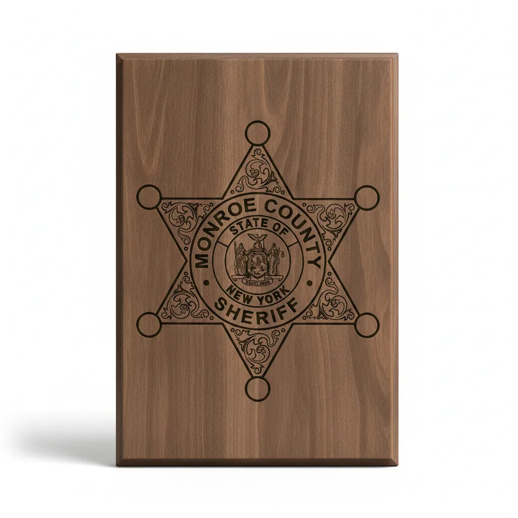 Monroe County Sheriff Badge SVG

New York Law Enforcement Vector

6-Point Star Excelsior Seal Emblem

Sheriff Plaque Engraving File

Monroe County Sheriff Sign CNC File