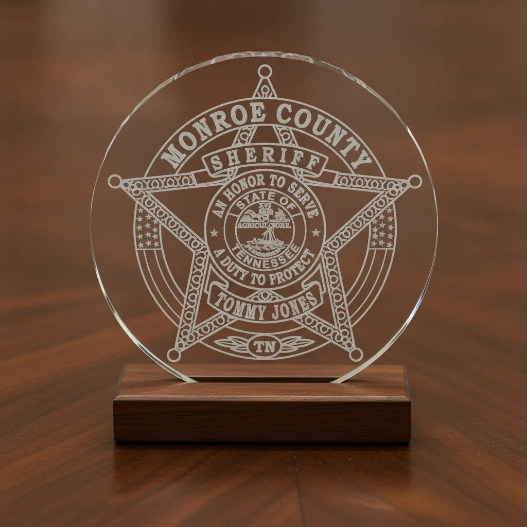 Monroe County Sheriff Badge SVG

Tennessee Law Enforcement Vector

5-Point Star Flag Background Emblem

Sheriff Plaque Engraving File

Monroe County Sheriff Sign CNC File