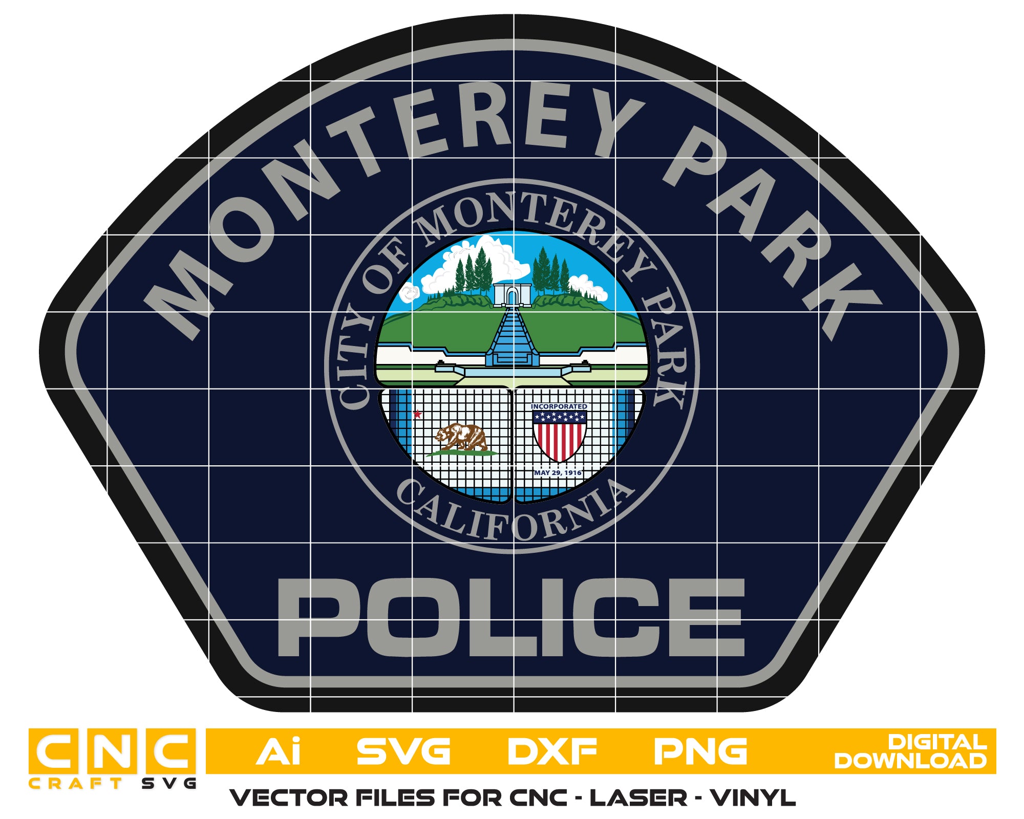 Monterey Park Police Patch SVG

California Law Enforcement Vector

City of Monterey Park Seal Emblem

Police Patch Engraving File

Monterey Park Sign CNC File