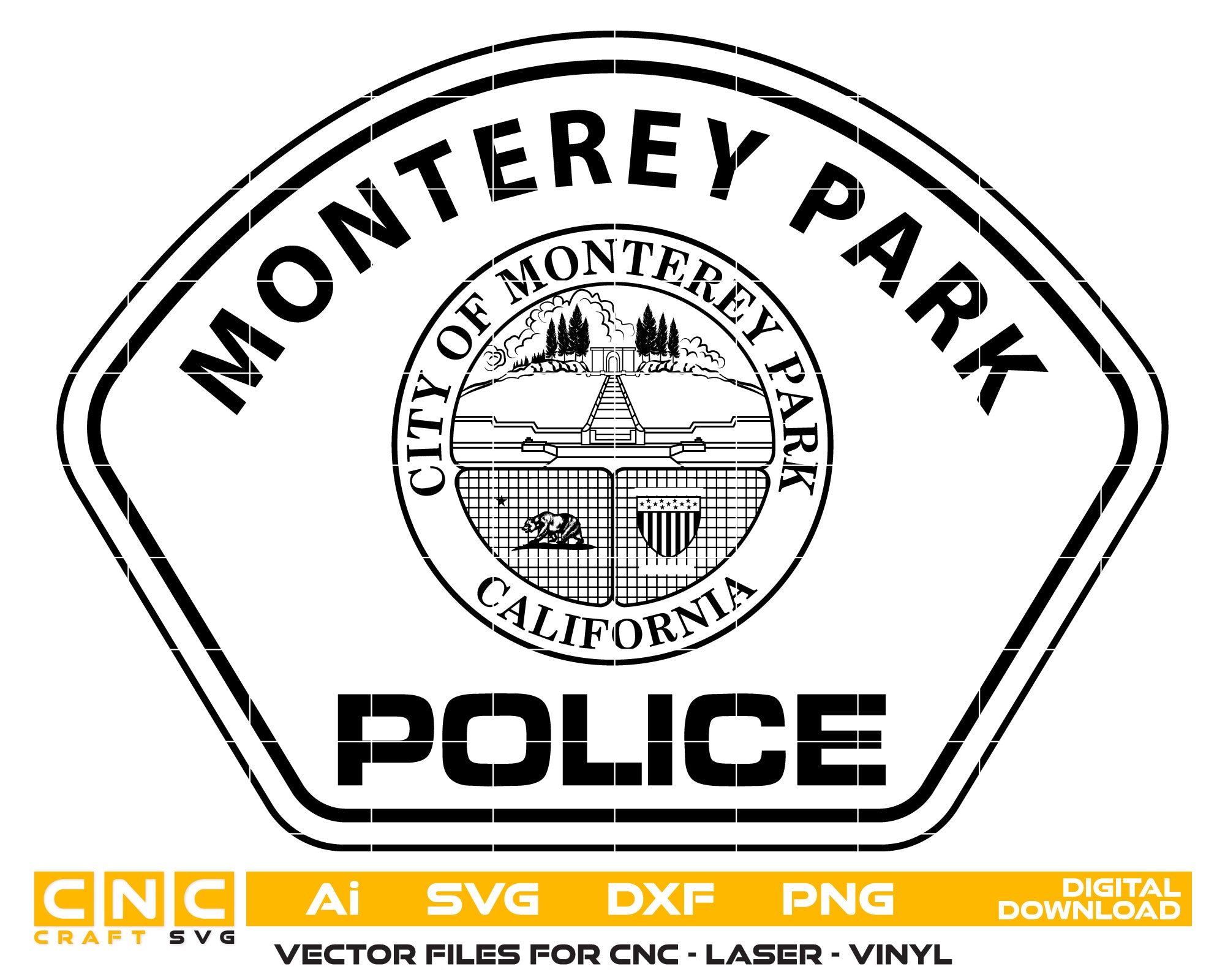 Monterey Park Police Patch SVG

California Law Enforcement Vector

City of Monterey Park Seal Emblem

Police Patch Engraving File

Monterey Park Sign CNC Router File