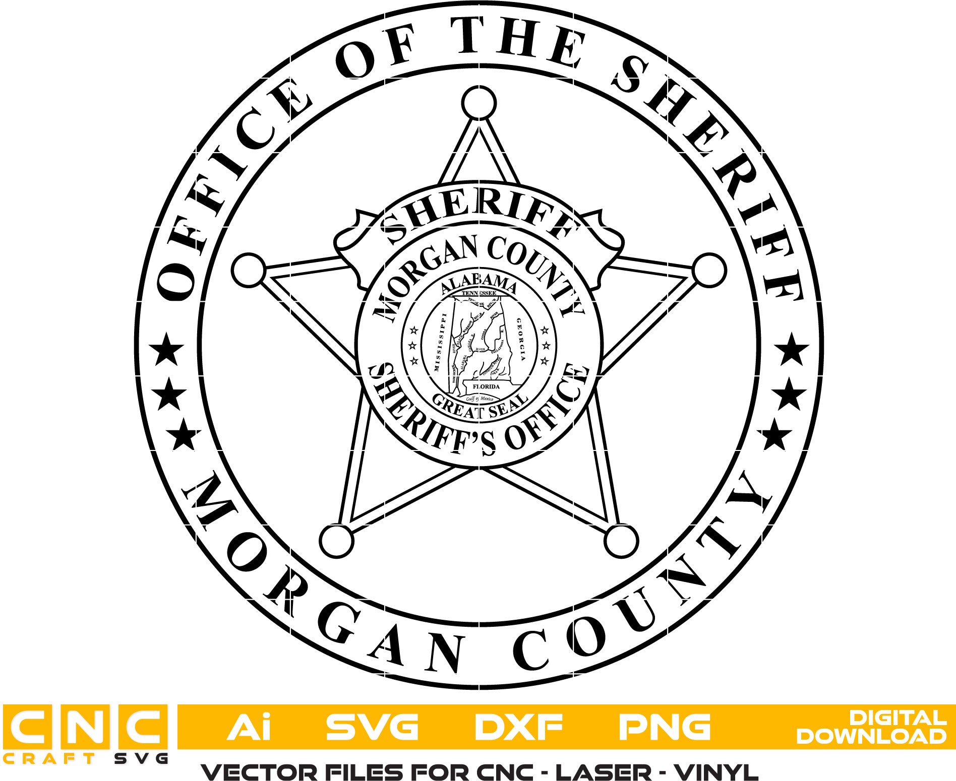 Morgan County AL Sheriff Badge SVG

Alabama Law Enforcement Star Seal Vector

Alabama Great Seal Map Engraving File

Morgan County Sheriff Sign CNC File

Sheriff Office Seal Vector for Lasers