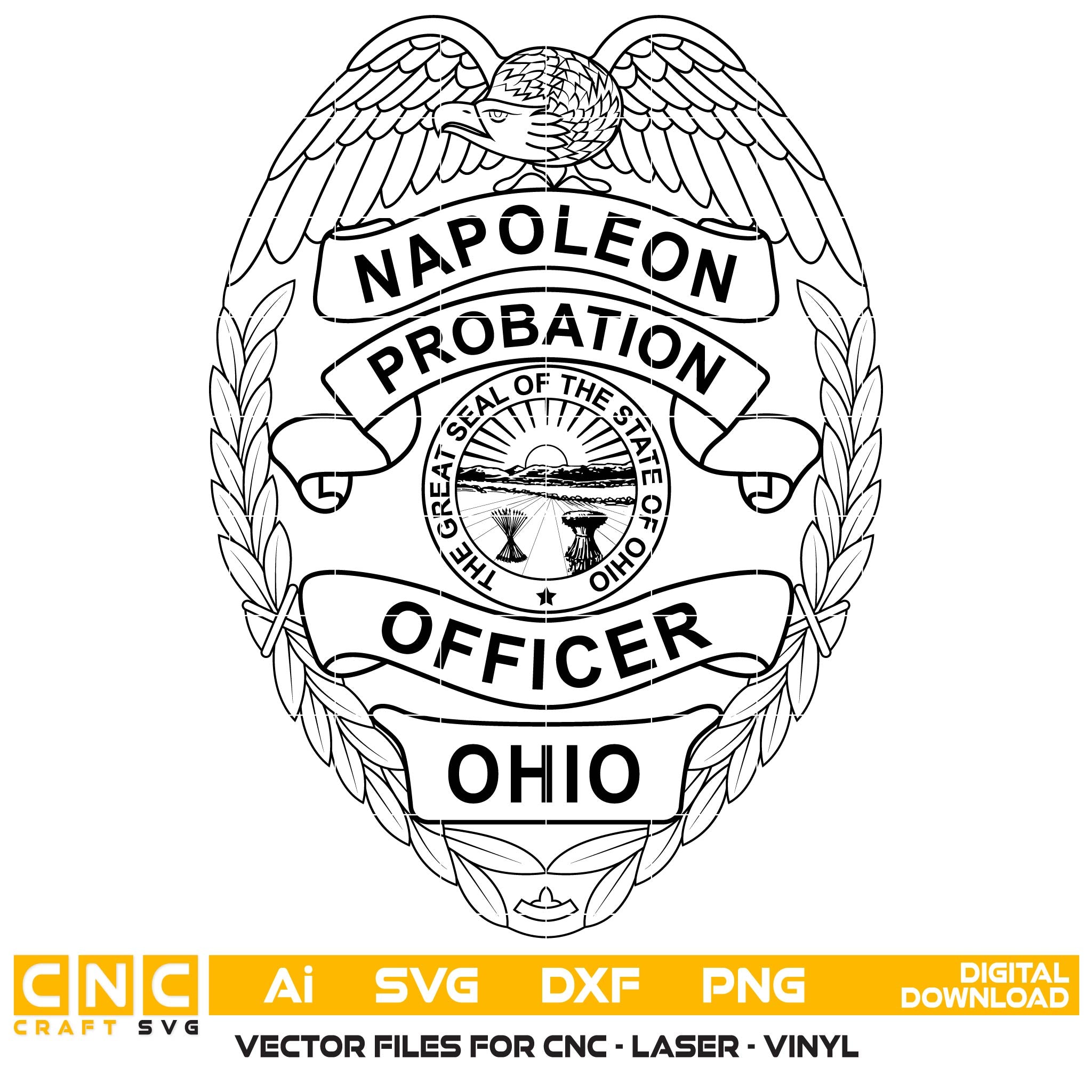 Napoleon Ohio Probation Officer Badge SVG for CNC

Napoleon OH Police Badge Vector for Laser Engraving

Ohio Law Enforcement Emblem for Wood Carving

Professional Napoleon OH Probation Shield Design

Napoleon Police SVG Logo for CNC Router Projects