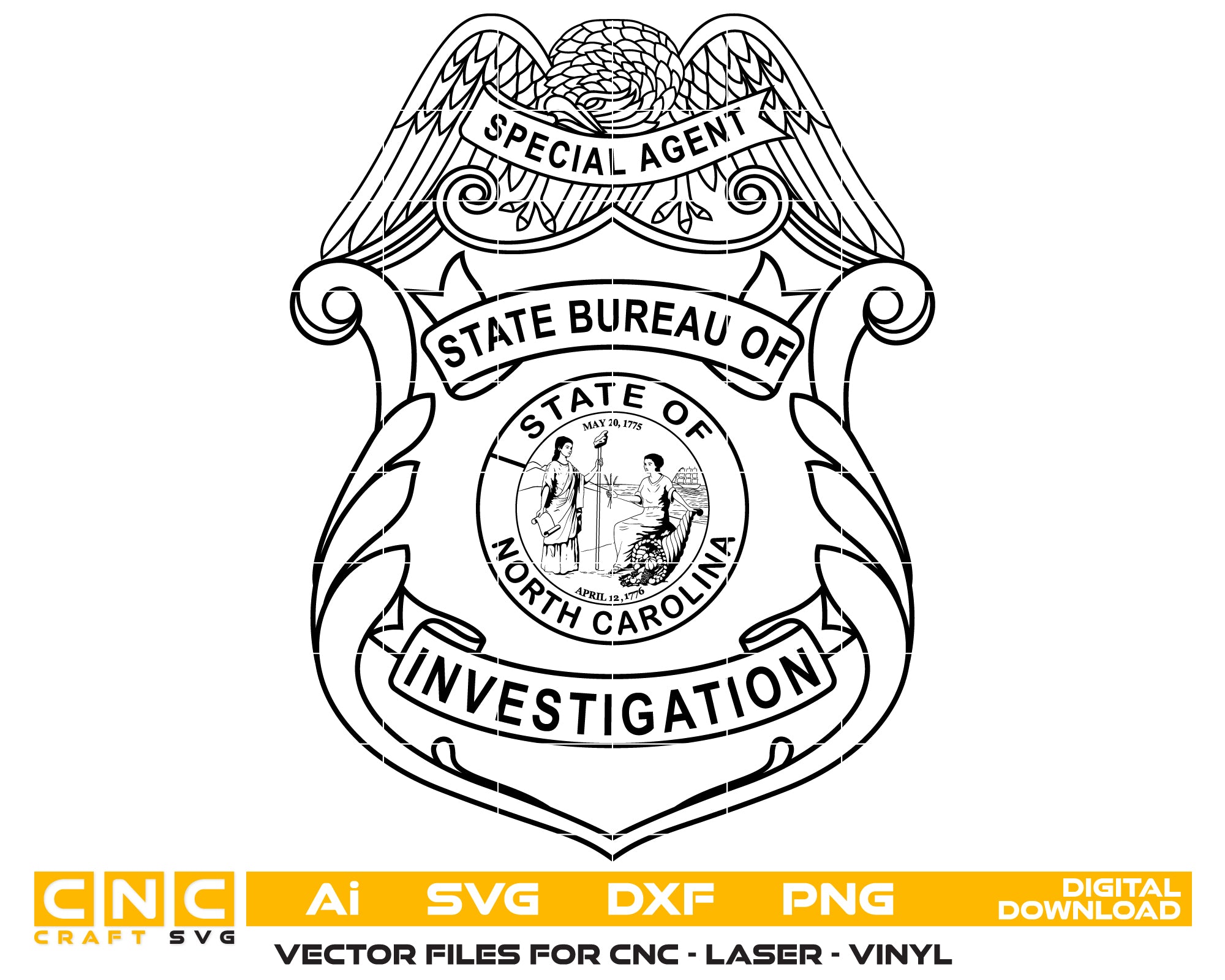 NC State Bureau of Investigation Badge SVG

North Carolina Special Agent Shield Vector

State of North Carolina Seal Engraving File

SBI Special Agent Badge Sign CNC File

Law Enforcement Shield Vector for Lasers
