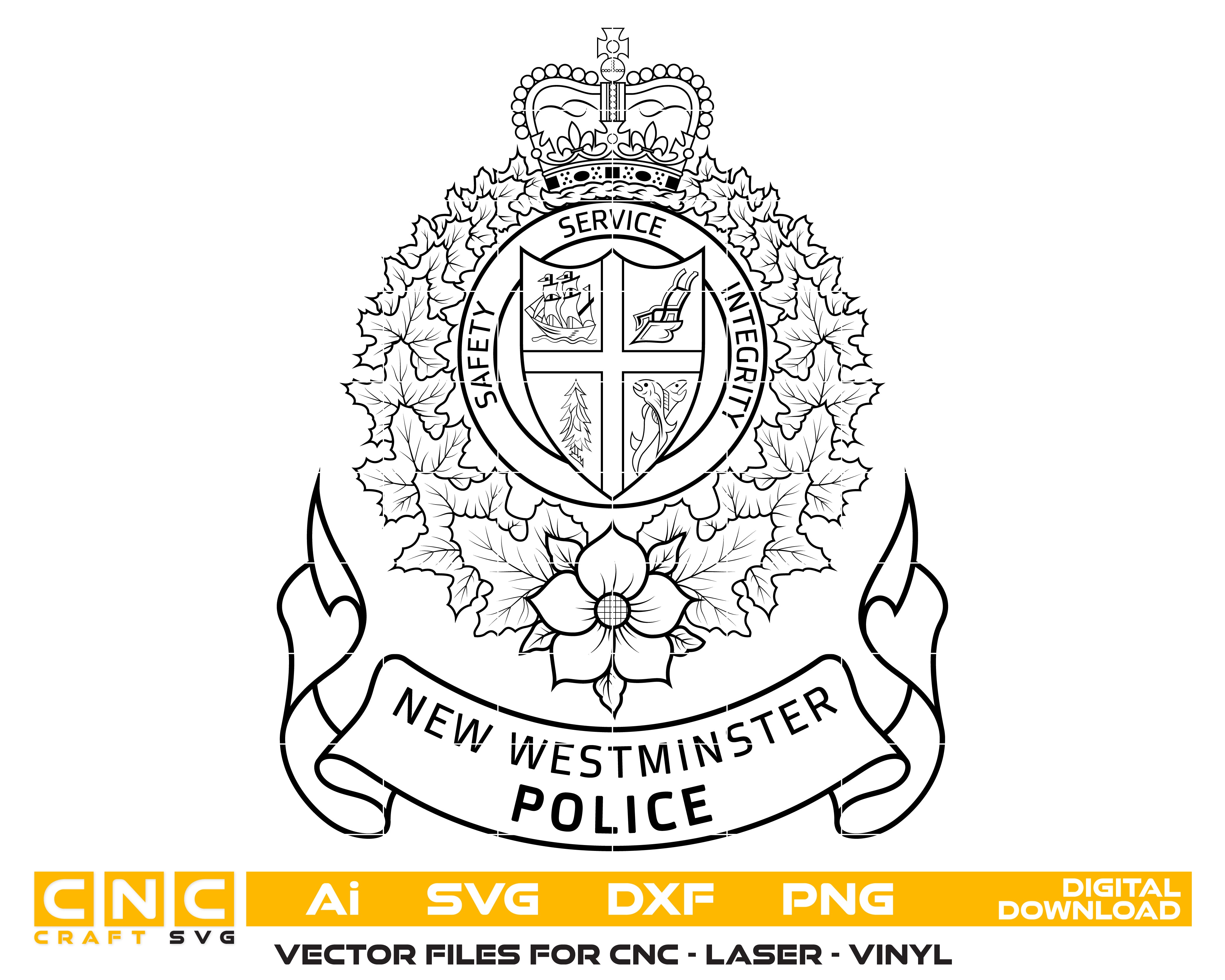New Westminster Police Crest SVG

British Columbia Law Enforcement Vector

Canadian Police Crown and Wreath Emblem

Maple Leaf Police Engraving File

New Westminster Sign CNC Router File