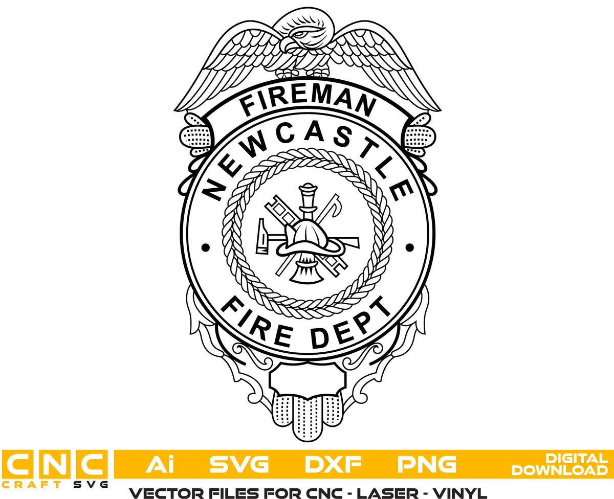 Newcastle Fire Dept Fireman Badge SVG Eagle Shield Vector