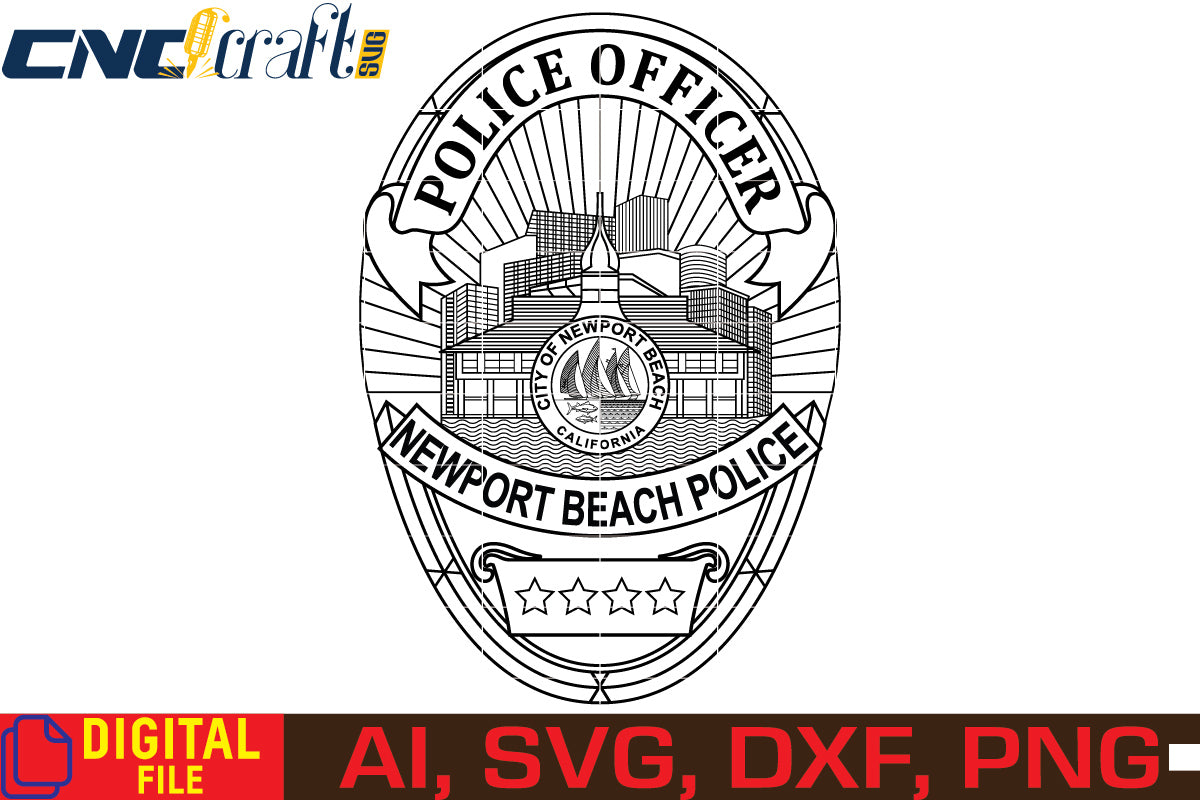 Newport Beach California Police Officer Badge SVG vector with detailed city emblem artwork for laser engraving, CNC cutting, decals, plaques and printing.