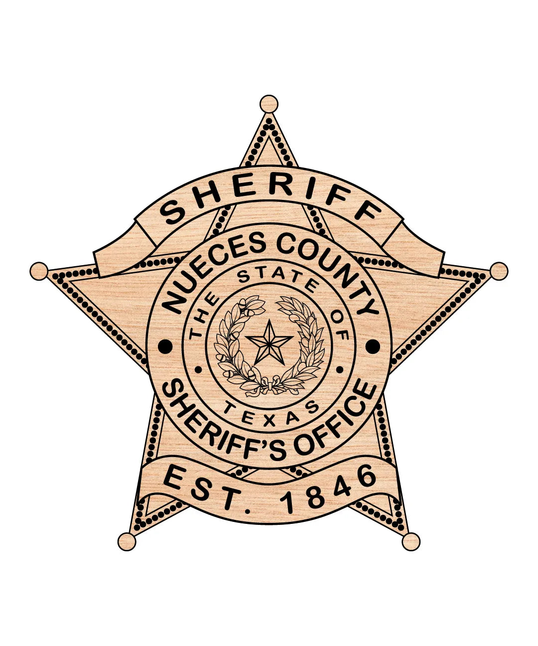 Nueces County Sheriff Badge SVG

Texas Law Enforcement Vector

5-Point Star Sheriff Emblem

Deputy Plaque Engraving File

Nueces County Sheriff Sign CNC File