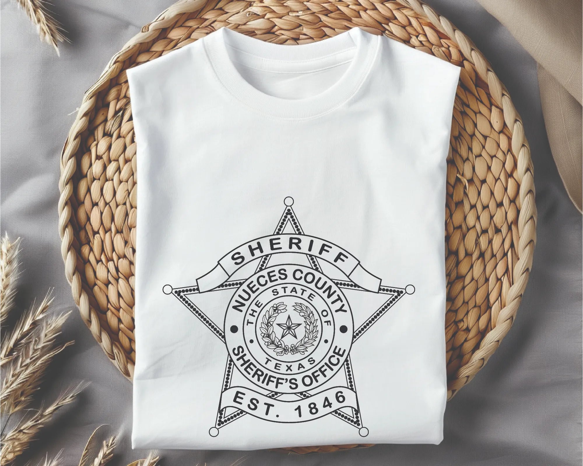 Nueces County Sheriff Badge SVG

Texas Law Enforcement Vector

5-Point Star Sheriff Emblem

Deputy Plaque Engraving File

Nueces County Sheriff Sign CNC File