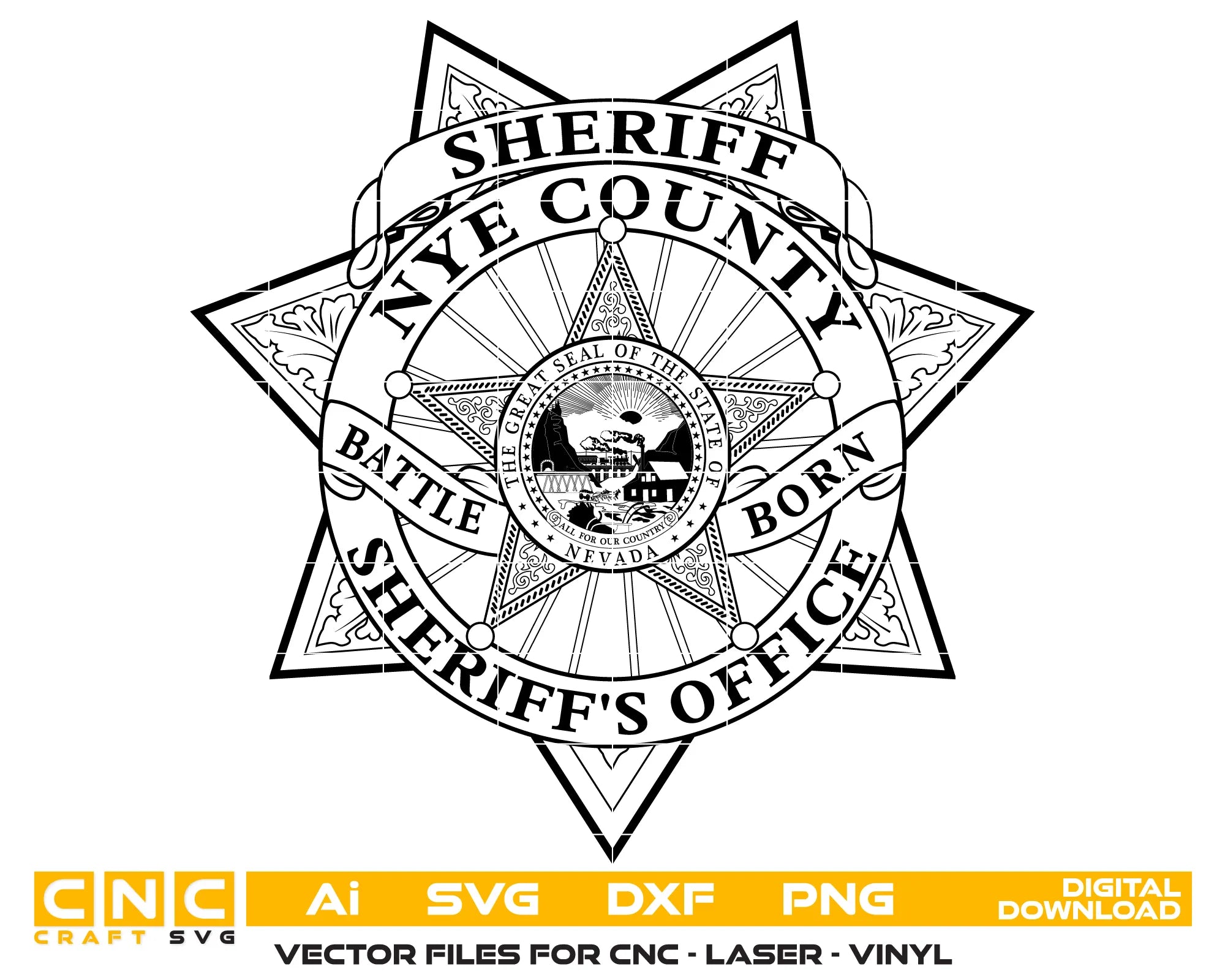 Nye County Sheriff Badge SVG

Nevada Law Enforcement Vector Design

7-Point Star Sheriff Badge Engraving File

Nye County NV Sheriff Sign CNC File

Nevada State Seal Police Vector for Lasers