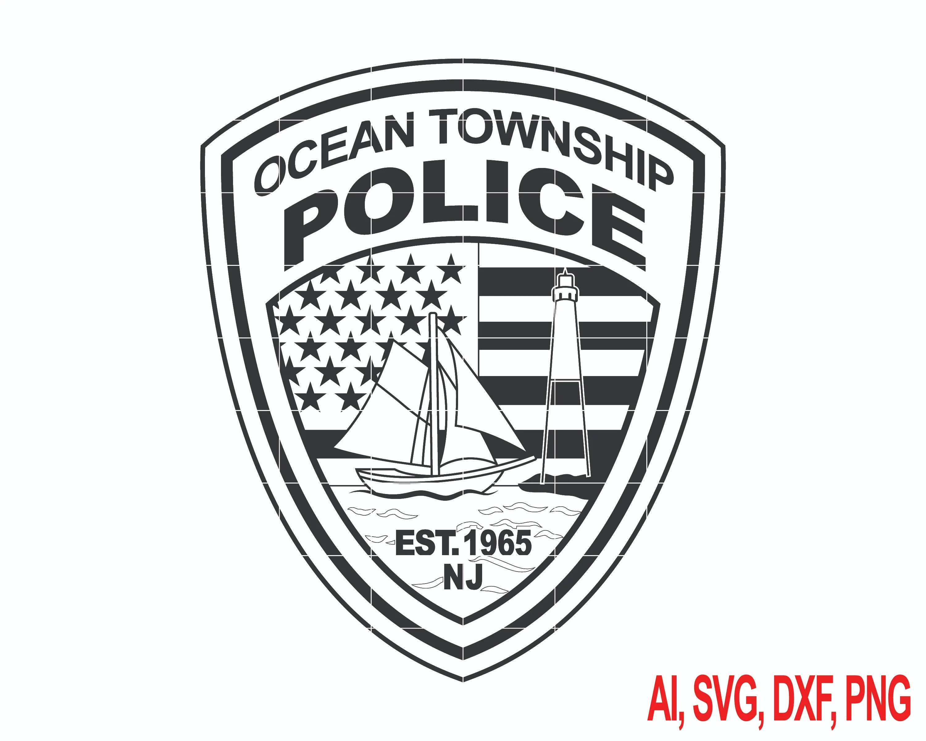 Ocean Township Police Patch SVG

New Jersey Law Enforcement Vector Design

Sailboat and Lighthouse Shield Engraving File

Ocean Township NJ Police Sign CNC File

American Flag Police Badge Vector for Lasers