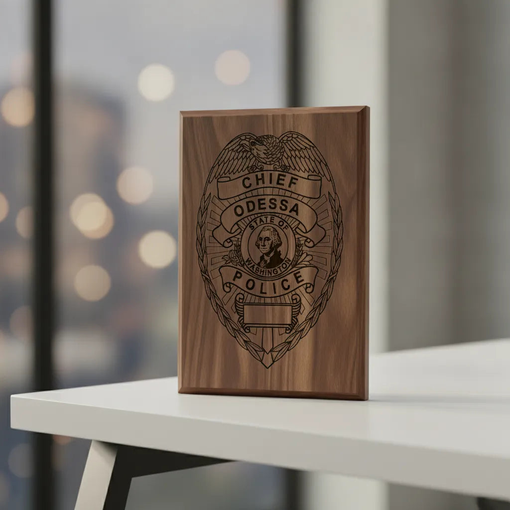 Odessa Police Chief Badge SVG

Washington Law Enforcement Vector

Police Eagle Shield State Seal

Chief Plaque Engraving File

Odessa Police Sign CNC File