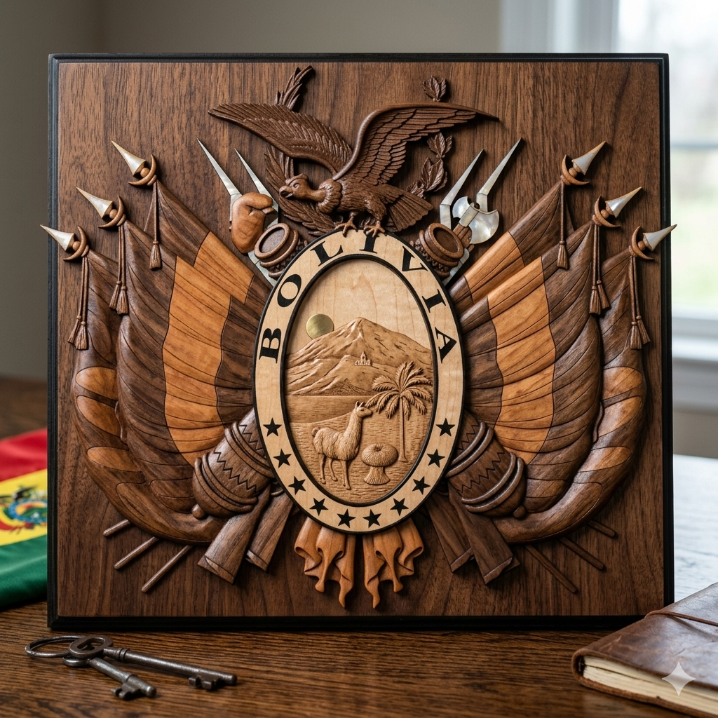 Coat of Arms of Bolivia SVG for CNC

Bolivia National Emblem Vector for Laser Engraving

Bolivian Shield Emblem for Wood Carving

Professional Bolivia Coat of Arms Vector Design

Bolivia SVG Emblem Logo for CNC Router Projects