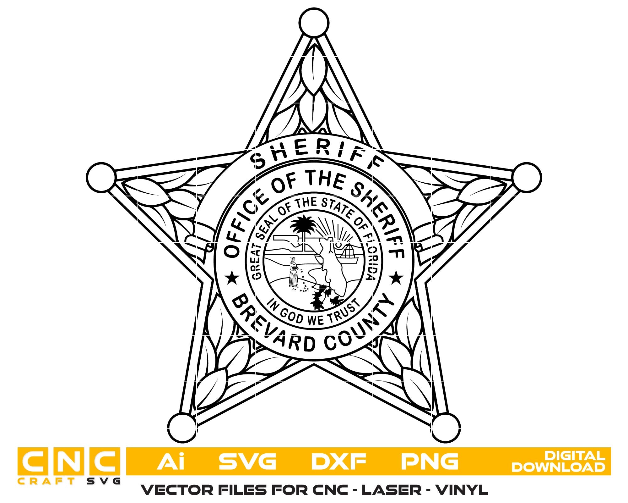 Brevard County Florida Sheriff Badge SVG

Florida State Star Badge Vector Design

Brevard County SO Emblem for CNC Engraving

Sheriff Office Badge SVG for Laser Cut

FL Law Enforcement Badge Vector