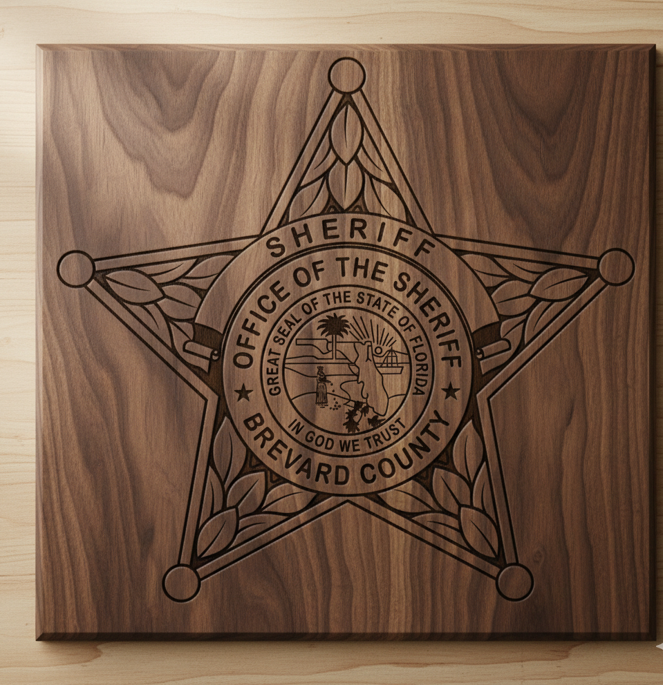 Brevard County Florida Sheriff Badge SVG

Florida State Star Badge Vector Design

Brevard County SO Emblem for CNC Engraving

Sheriff Office Badge SVG for Laser Cut

FL Law Enforcement Badge Vector