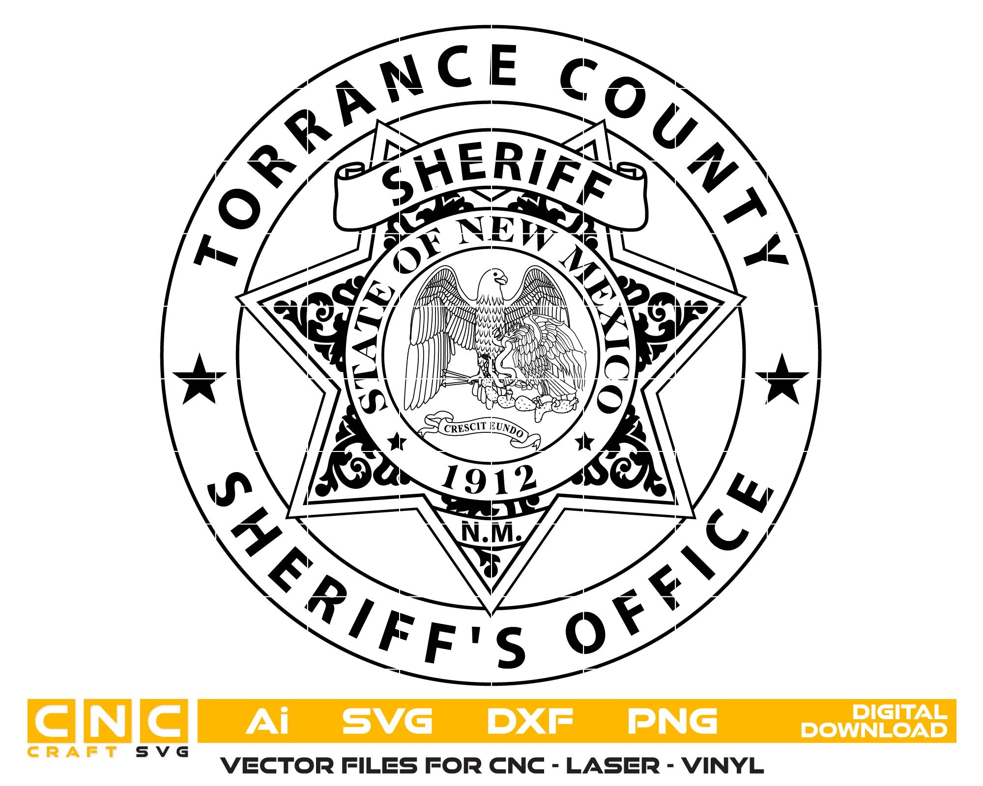 Torrance County New Mexico Sheriff SVG

New Mexico State Star Badge Vector

Torrance County NM SO Emblem for CNC Engraving

Sheriff Office Badge SVG for Laser Cut

NM Law Enforcement Badge Vector Design