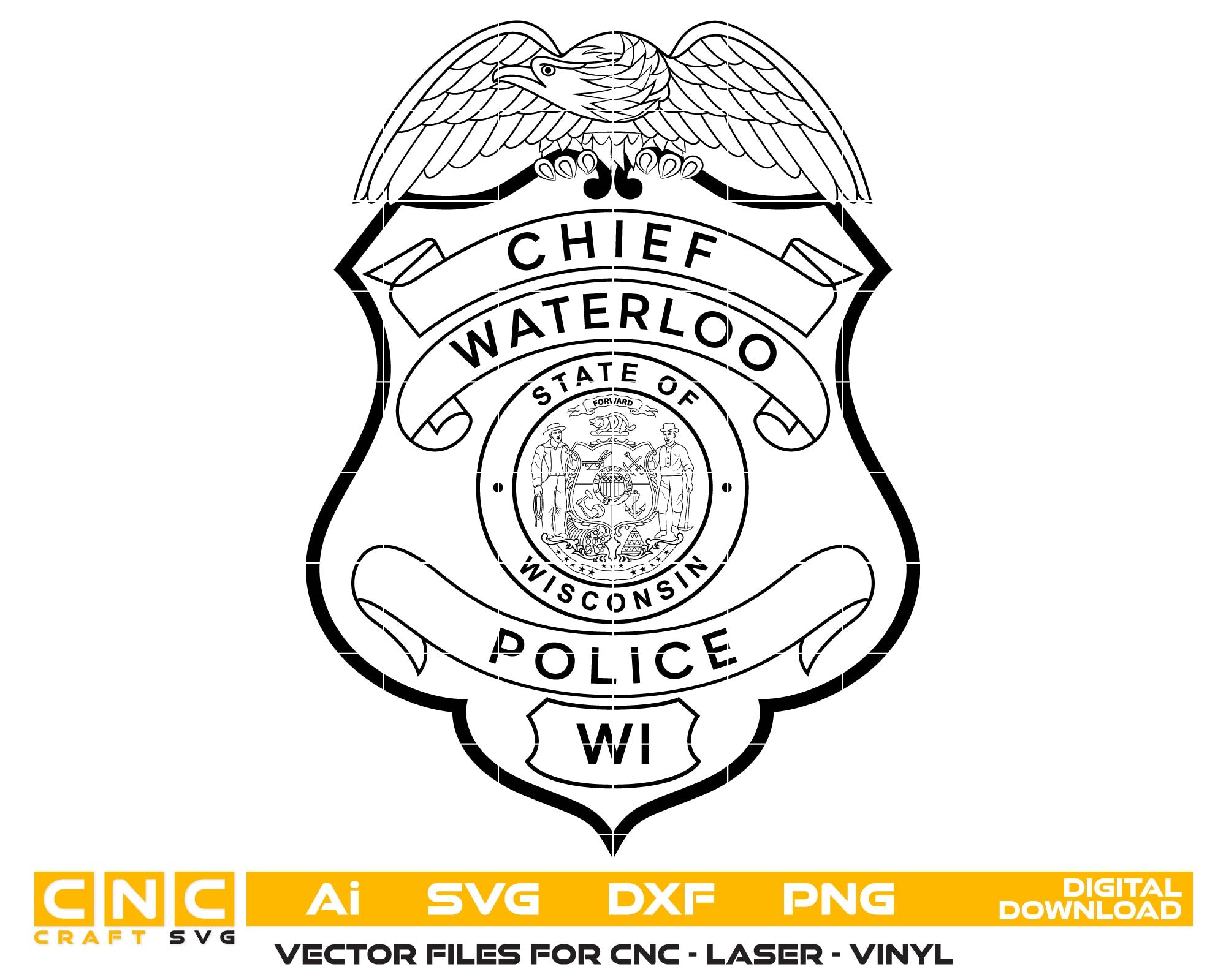 Waterloo Wisconsin Police Chief Badge SVG

Wisconsin Police Badge Vector Design

Waterloo PD Emblem for CNC Engraving

Chief of Police Badge SVG for Laser Cut

WI Law Enforcement Badge Vector