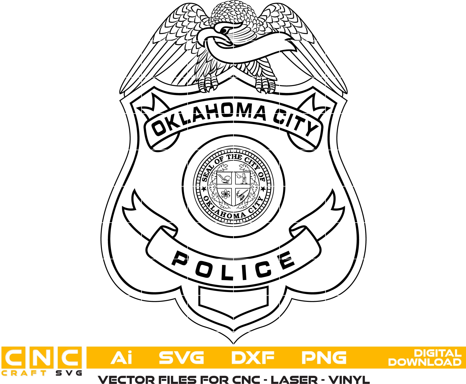Oklahoma City OK Police Badge SVG

Oklahoma Law Enforcement Shield Vector

City of Oklahoma City Seal Engraving File

Eagle Topped Police Badge Sign CNC File

Blank Plate Police Shield Vector for Lasers