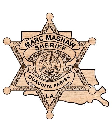 Ouachita Parish Sheriff Badge SVG

Louisiana Law Enforcement Vector Design

Sheriff Marc Mashaw Badge Engraving File

Ouachita Parish Sign CNC File

6-Point Star Badge Vector for Laser Cutting