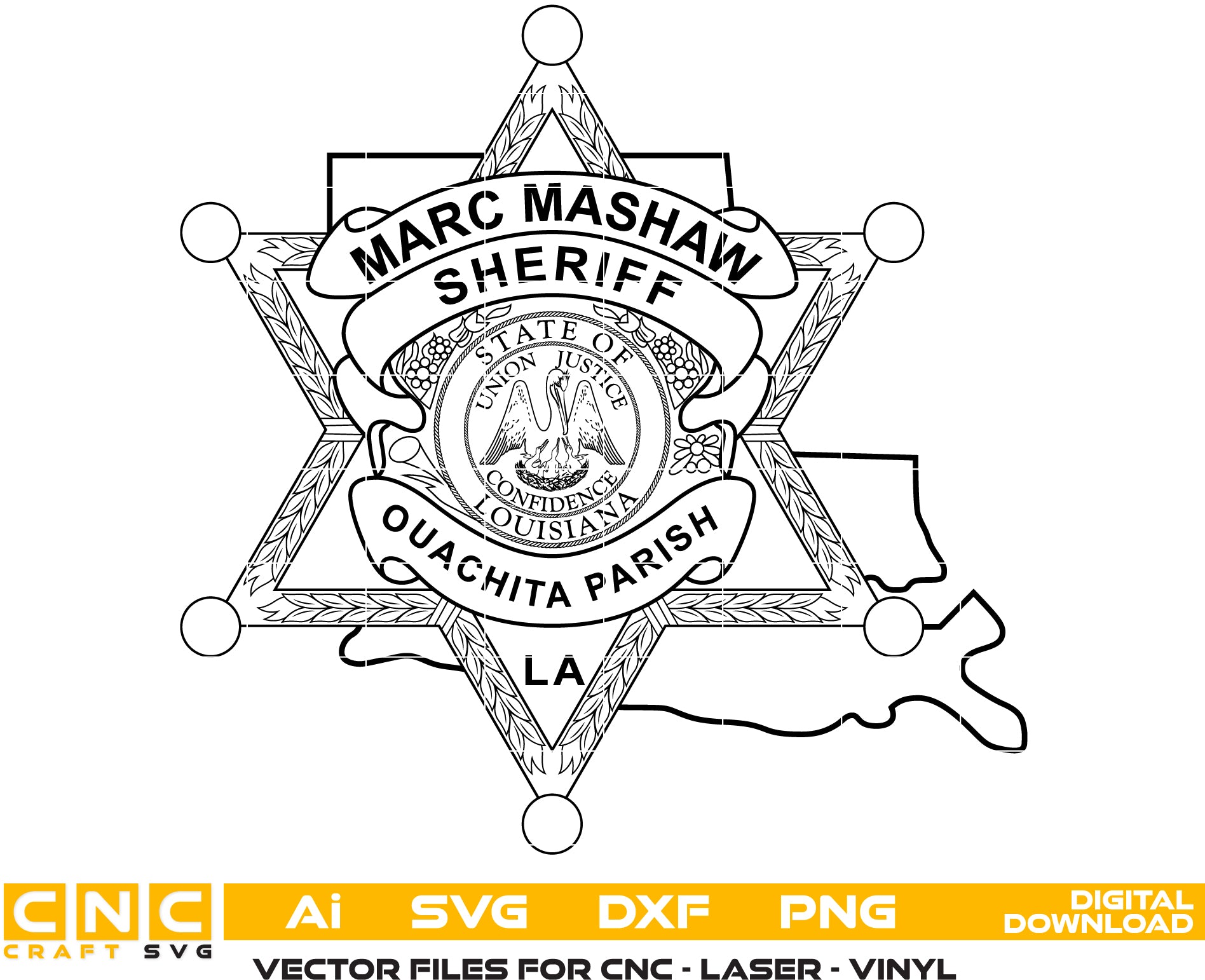 Ouachita Parish Sheriff Badge SVG

Louisiana Law Enforcement Vector Design

Sheriff Marc Mashaw Badge Engraving File

Ouachita Parish Sign CNC File

6-Point Star Badge Vector for Laser Cutting