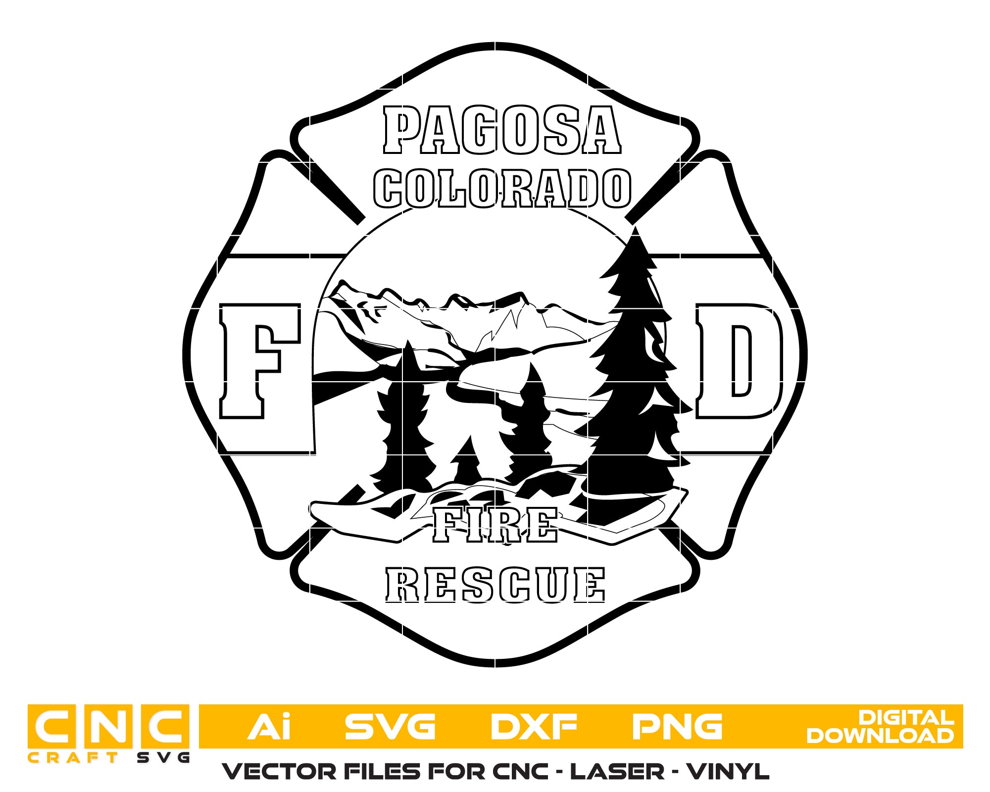 Pagosa Fire Rescue Badge SVG

Colorado Fire Department Vector Design

Ornate Maltese Cross Engraving File

Pagosa CO Fire Rescue Sign CNC File

Firefighter Eagle Badge Vector for Laser Cutting