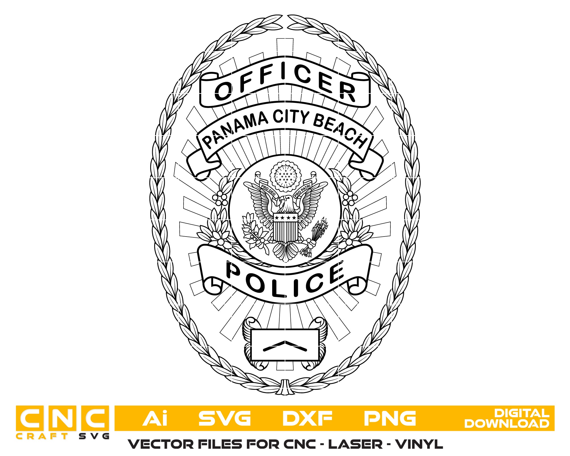 Panama City Beach Police Badge SVG

Florida Law Enforcement Shield Vector

Eagle Emblem Police Badge Engraving File

Laurel Wreath Cop Shield Sign CNC File

Police Officer Badge Vector for Lasers