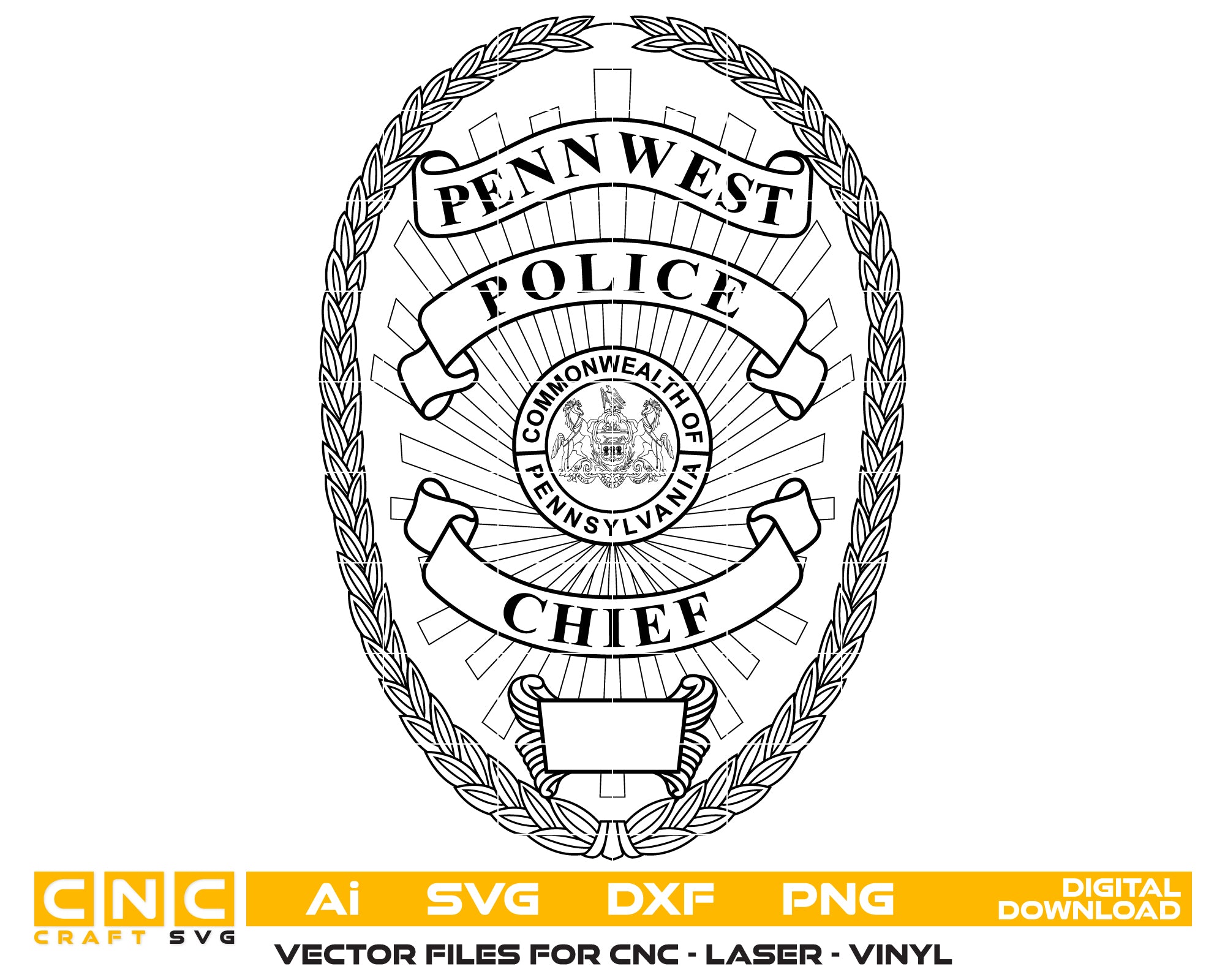 PennWest Police Chief Badge SVG

Pennsylvania Law Enforcement Vector

Laurel Wreath Police Badge Engraving File

Penn West Police Sign CNC File

Commonwealth of Pennsylvania Seal Vector