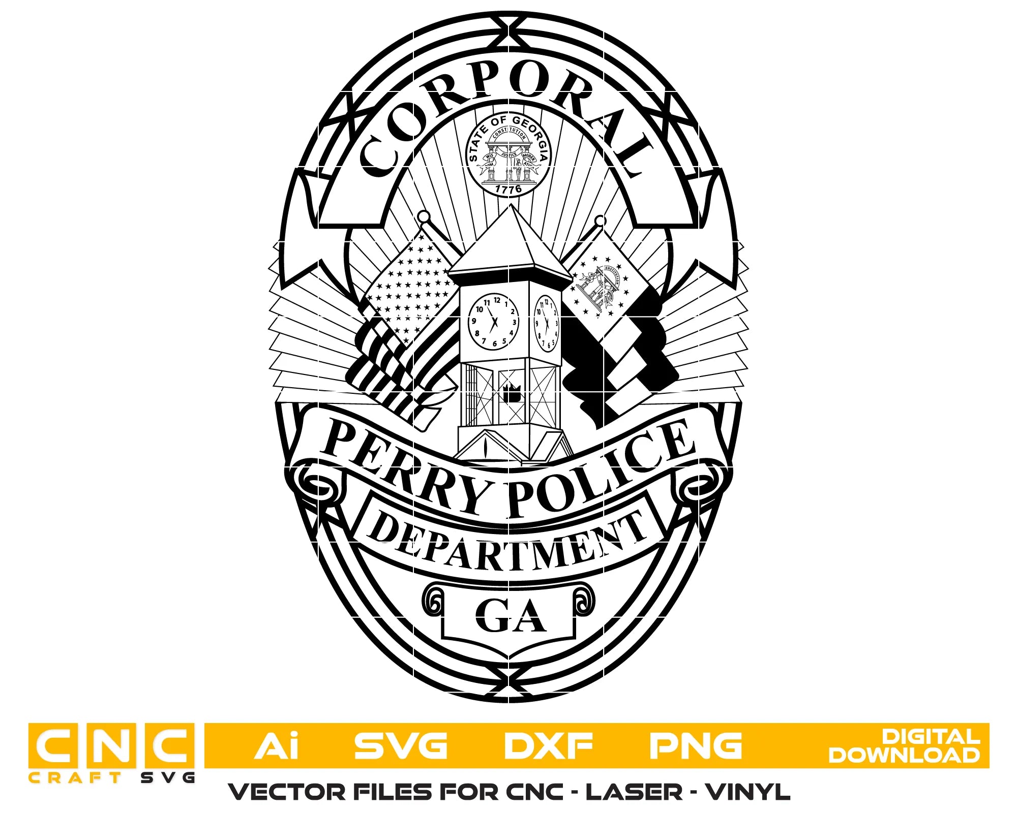 Perry Police Officer Badge SVG

Georgia Law Enforcement Vector Design

Eagle Shield Police Badge Engraving File

Perry GA Police Sign CNC File

State of Georgia Seal Vector for Lasers