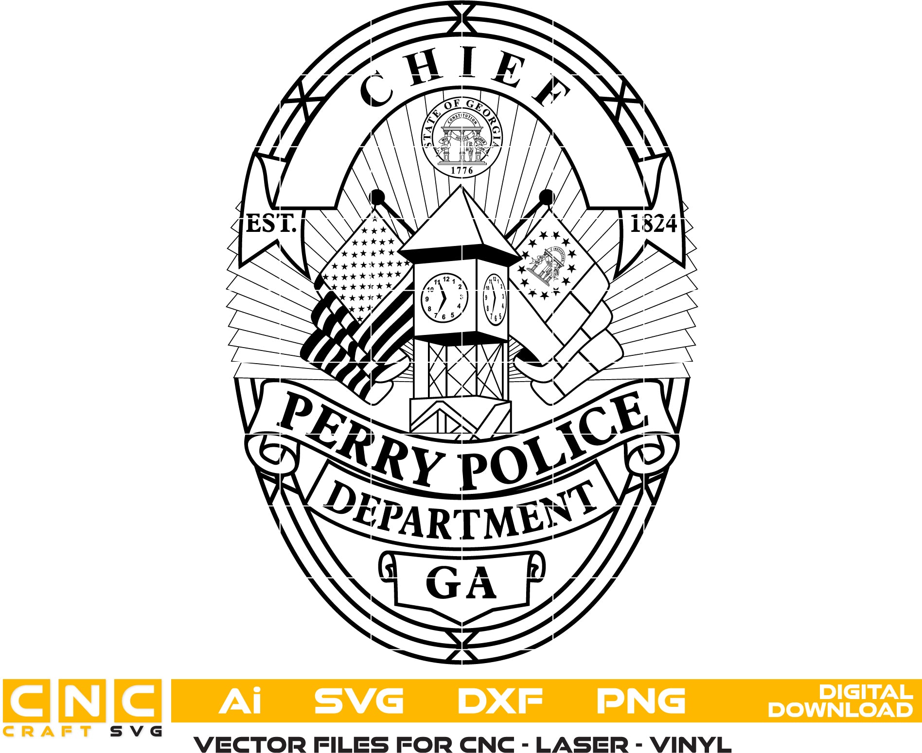 Perry GA Police Chief Badge SVG

Georgia Law Enforcement Shield Vector

Clock Tower and Flags Engraving File

Perry Police Badge Sign CNC File

Police Chief Shield Vector for Lasers