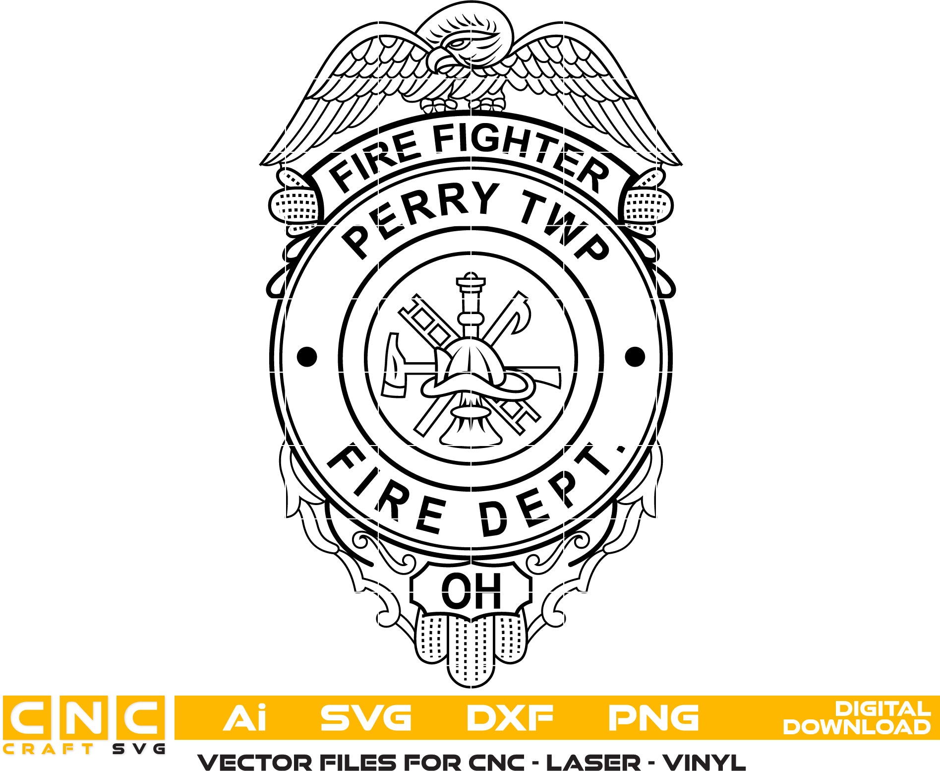 Perry TWP Firefighter Badge SVG

Ohio Fire Department Vector Design

Eagle Fire Badge Engraving File

Perry Township Fire Sign CNC File

Fire Scramble Vector for Laser Cutting
