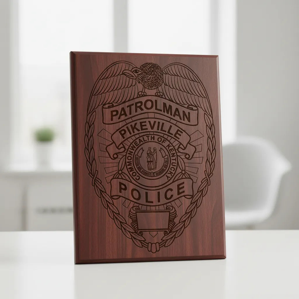 Pikeville Police Patrolman Badge SVG

Kentucky Law Enforcement Vector Design

Eagle Laurel Wreath Badge Engraving File

Pikeville KY Police Sign CNC File

Commonwealth of Kentucky Seal Vector for Lasers