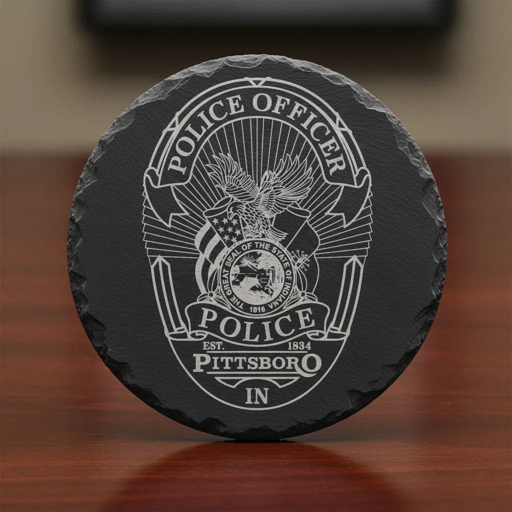 Pittsboro Police Officer Badge SVG

Indiana Law Enforcement Vector Design

Eagle and Flags Police Badge Engraving File

Pittsboro IN Police Sign CNC File

State of Indiana Seal Vector for Laser Cutting